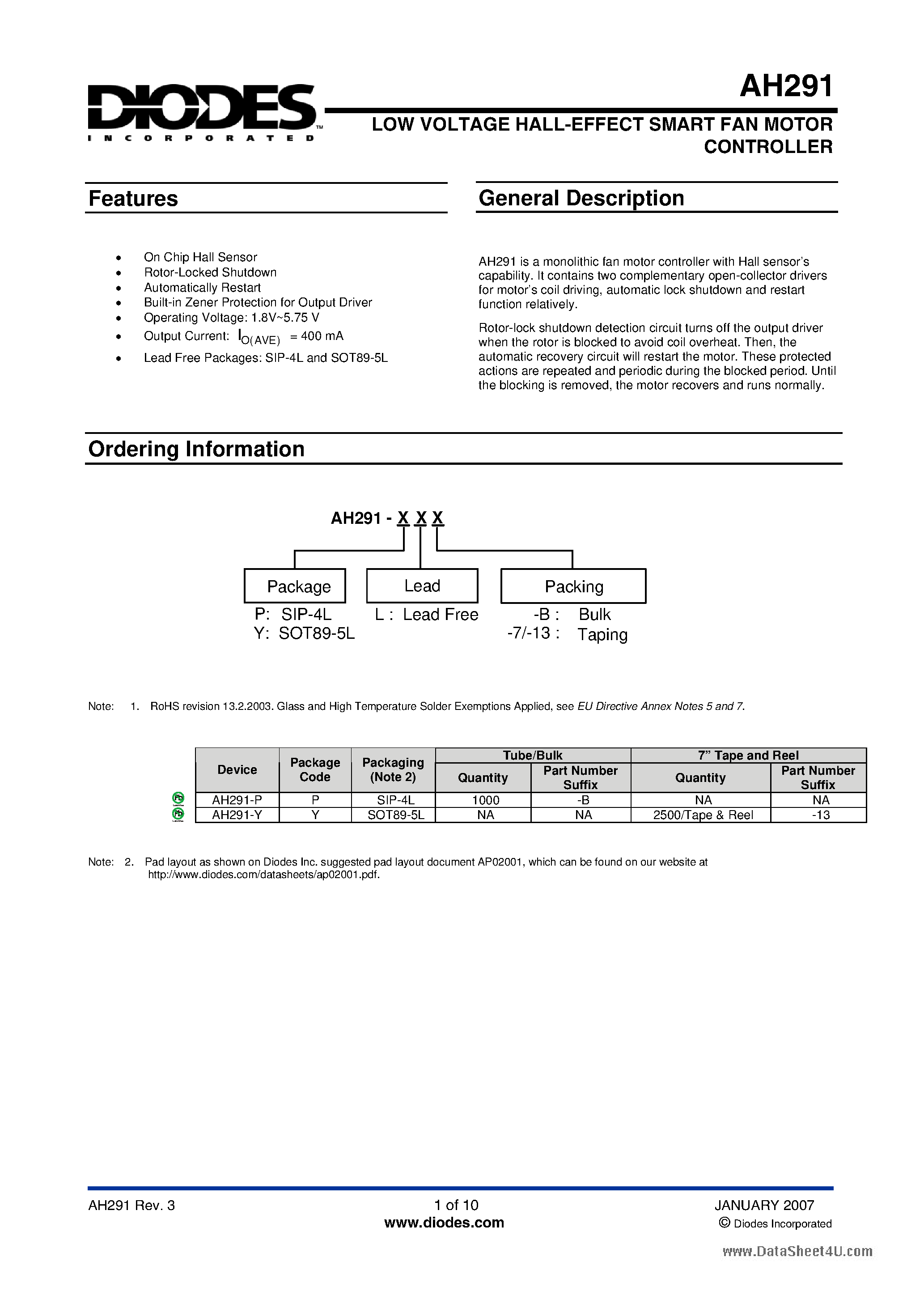 Datasheet AH291 - LOW VOLTAGE HALL-EFFECT SMART FAN MOTOR CONTROLLER page 1