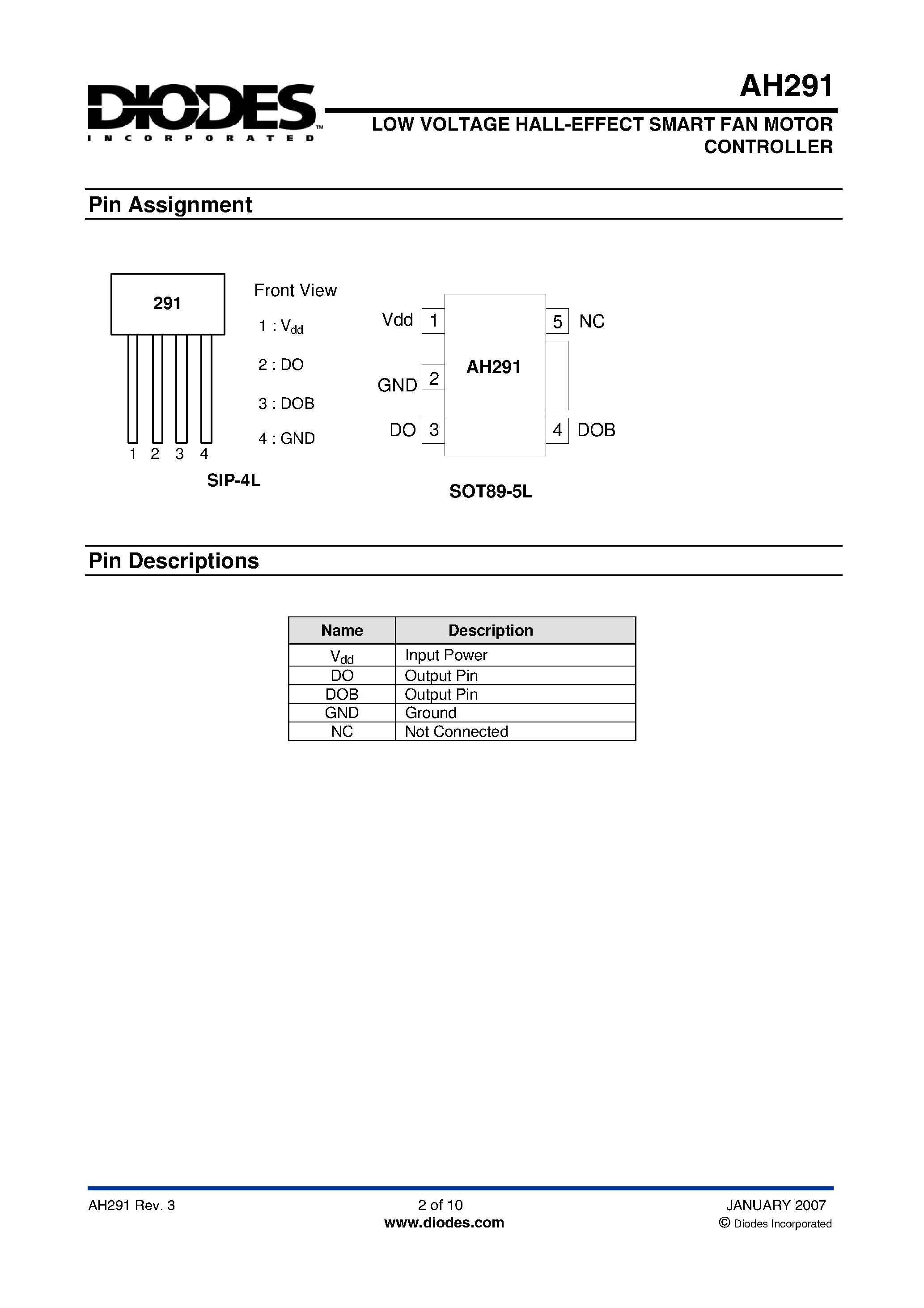 Datasheet AH291 - LOW VOLTAGE HALL-EFFECT SMART FAN MOTOR CONTROLLER page 2