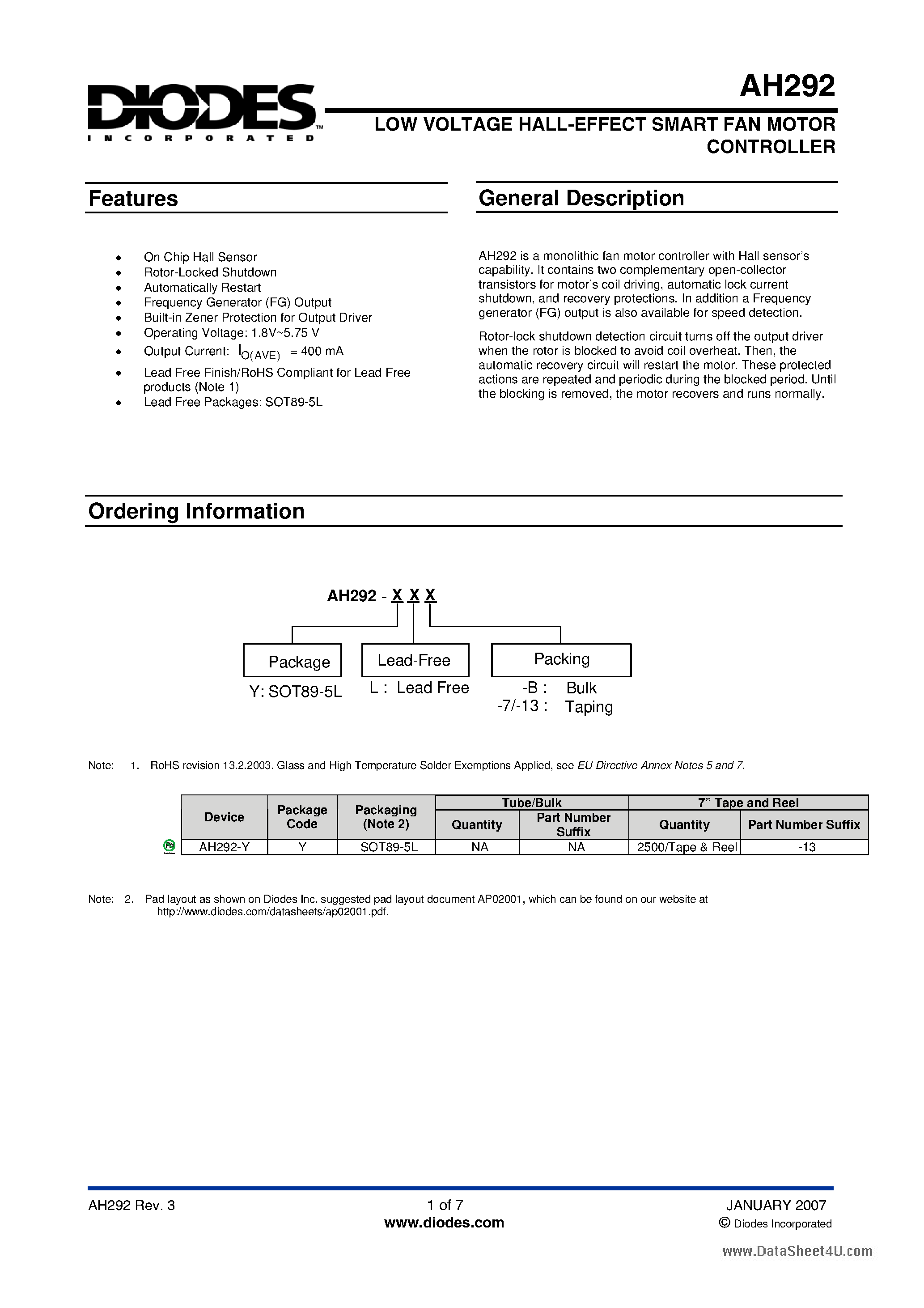Datasheet AH292 - LOW VOLTAGE HALL-EFFECT SMART FAN MOTOR CONTROLLER page 1