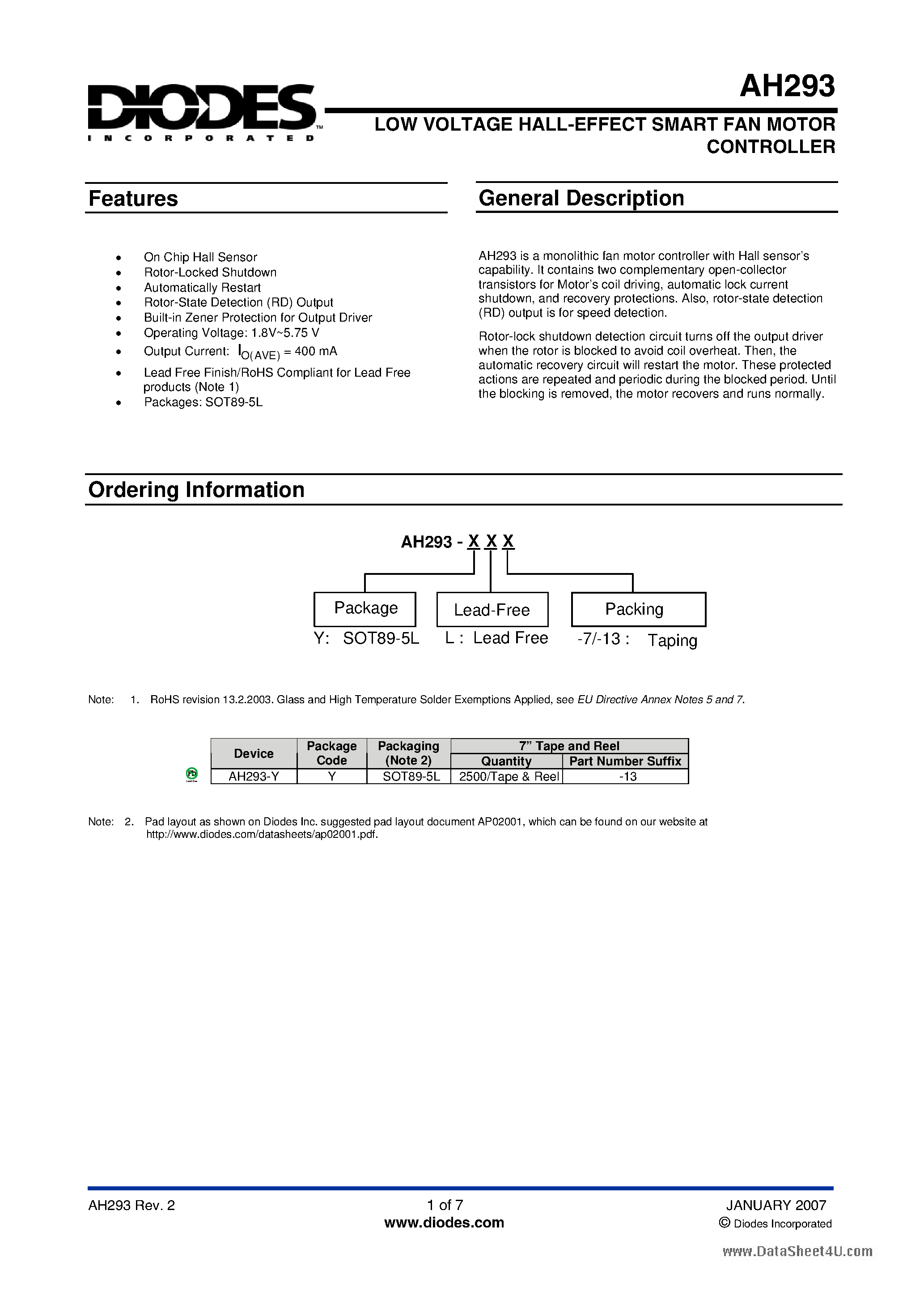 Datasheet AH293 - LOW VOLTAGE HALL-EFFECT SMART FAN MOTOR CONTROLLER page 1