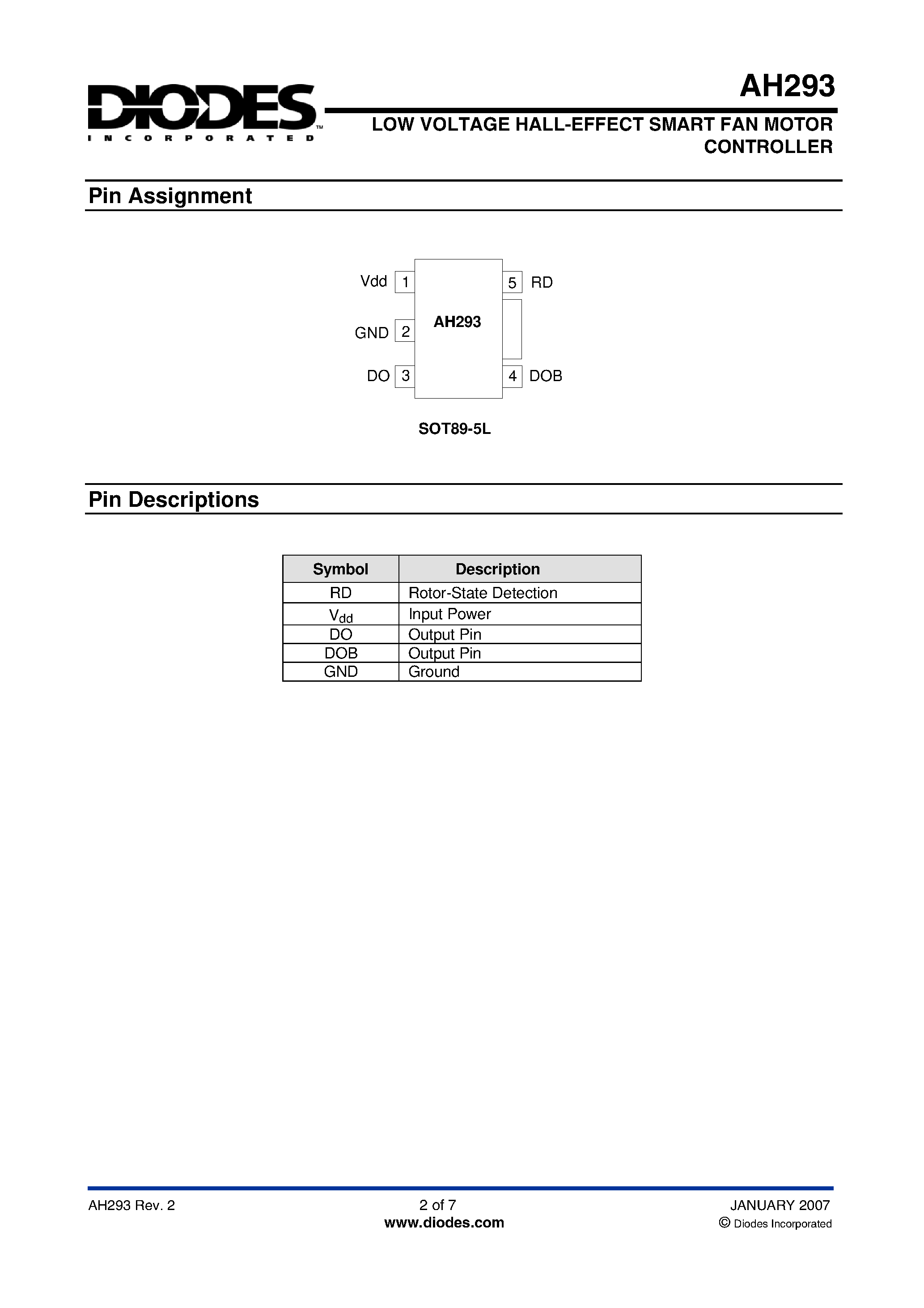 Datasheet AH293 - LOW VOLTAGE HALL-EFFECT SMART FAN MOTOR CONTROLLER page 2