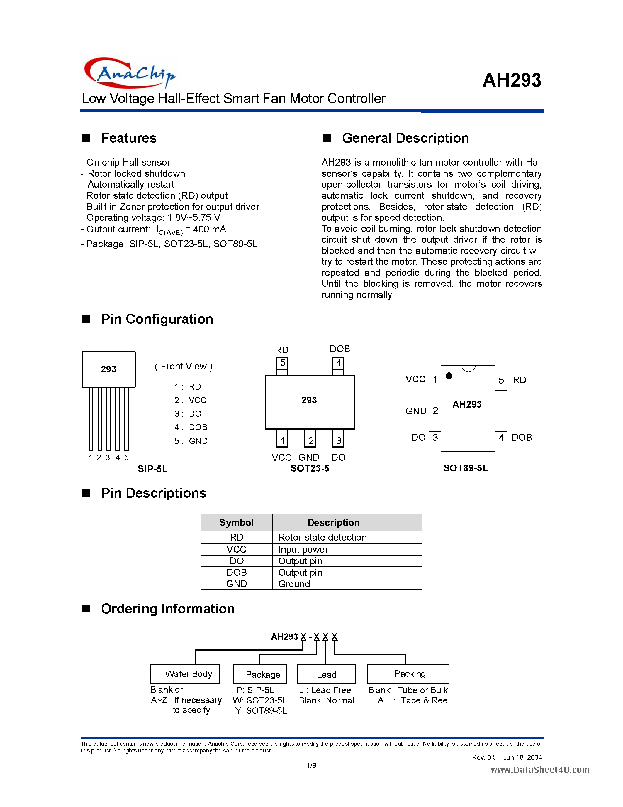 Datasheet AH293 - LOW VOLTAGE HALL-EFFECT SMART FAN MOTOR CONTROLLER page 1