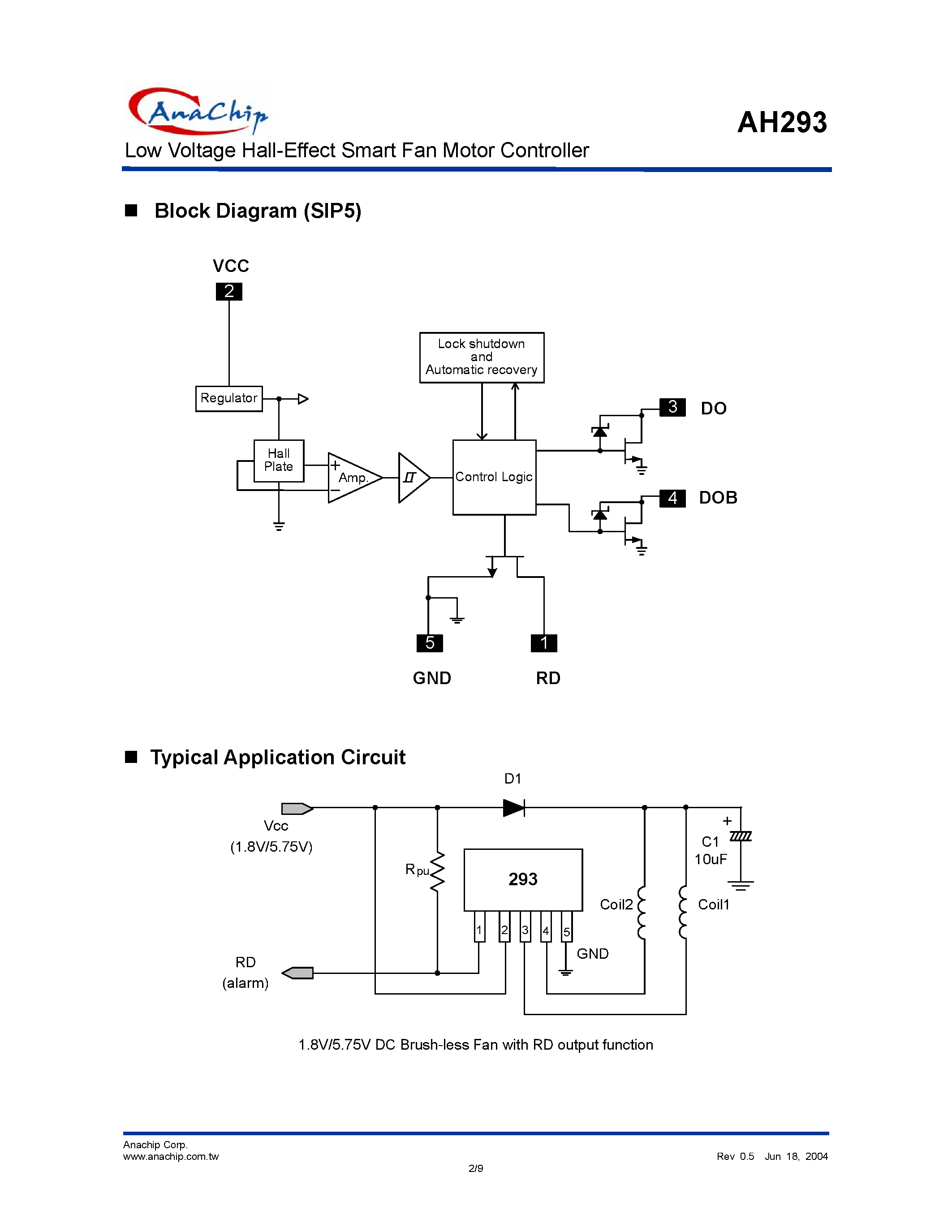 Datasheet AH293 - LOW VOLTAGE HALL-EFFECT SMART FAN MOTOR CONTROLLER page 2