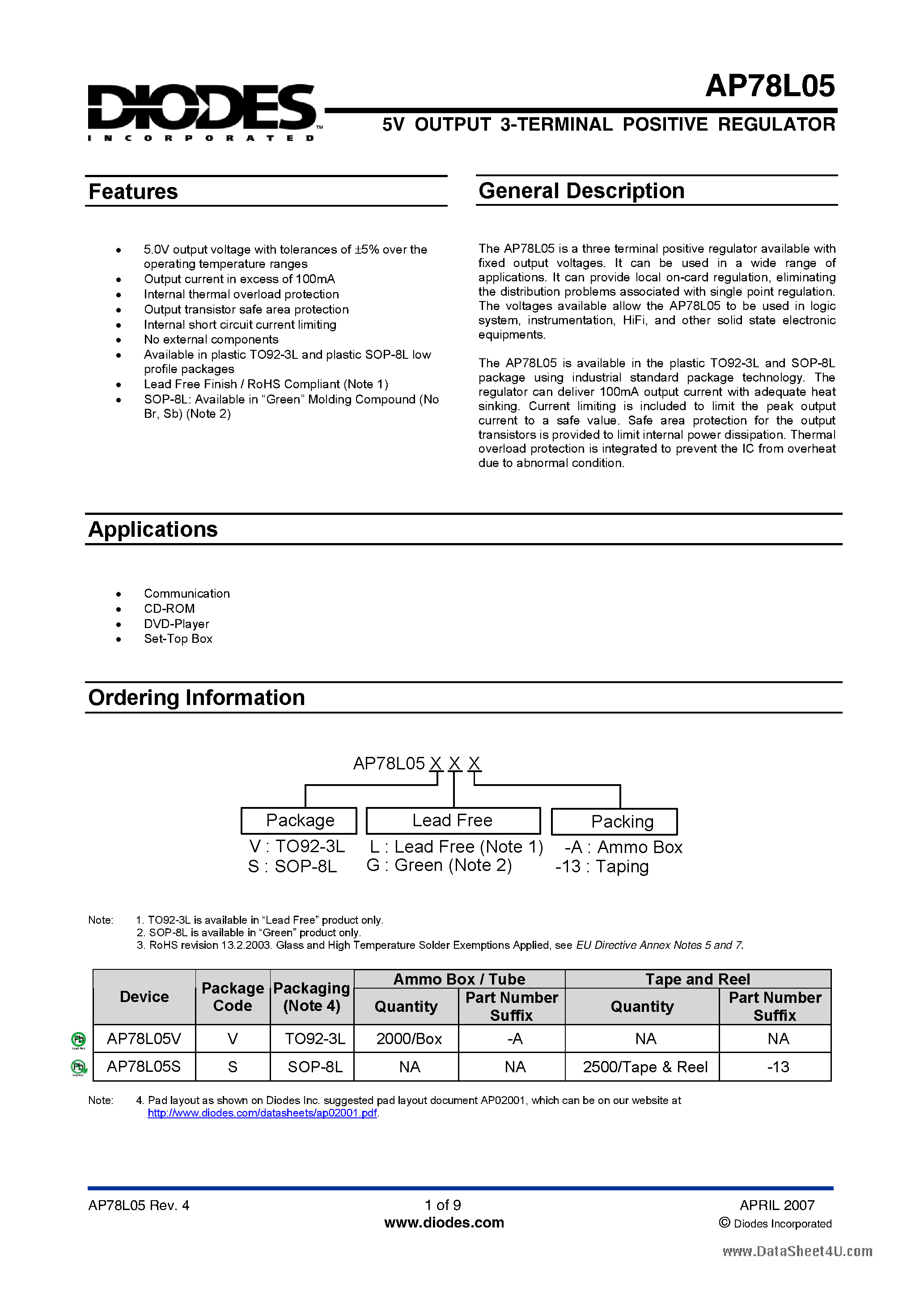 Datasheet AP78L05 page 1 Datasheet AP78L05 - 5V OUTPUT 3-TERMINAL POSITIVE REGULATOR page 1