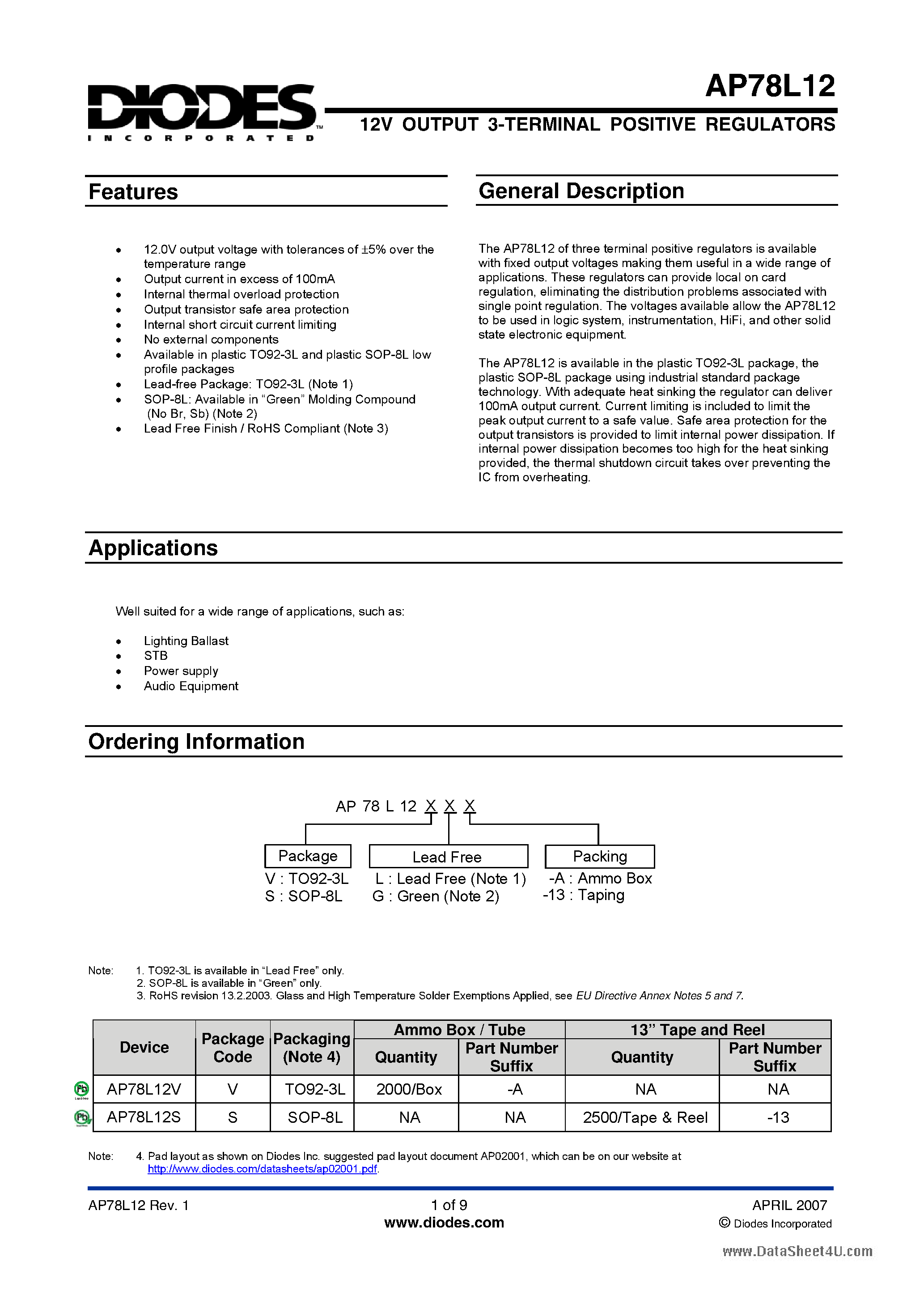 Datasheet AP78L12 page 1 Datasheet AP78L12 - 12V OUTPUT 3-TERMINAL POSITIVE REGULATORS page 1