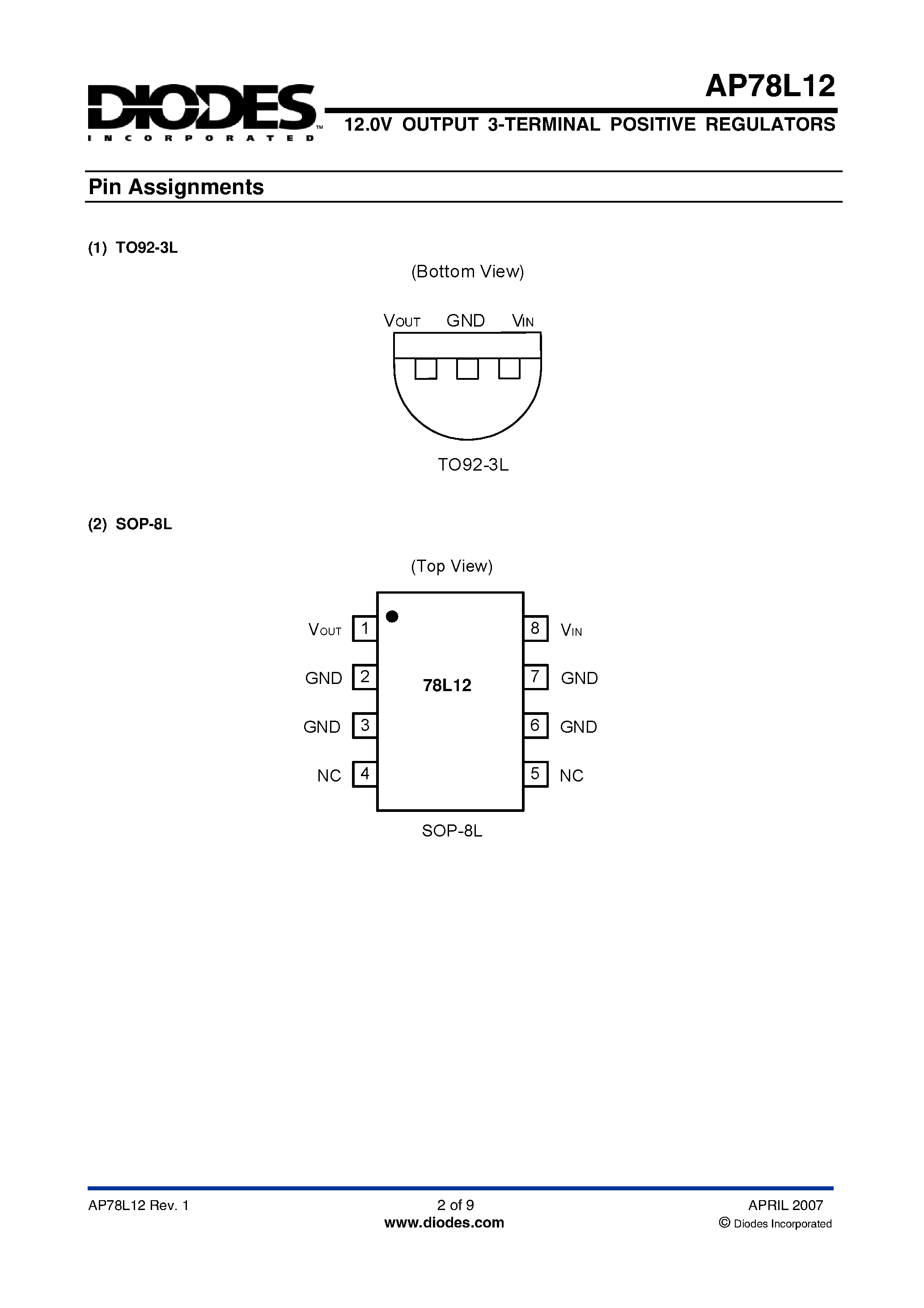 Datasheet AP78L12 page 2 Datasheet AP78L12 - 12V OUTPUT 3-TERMINAL POSITIVE REGULATORS page 2
