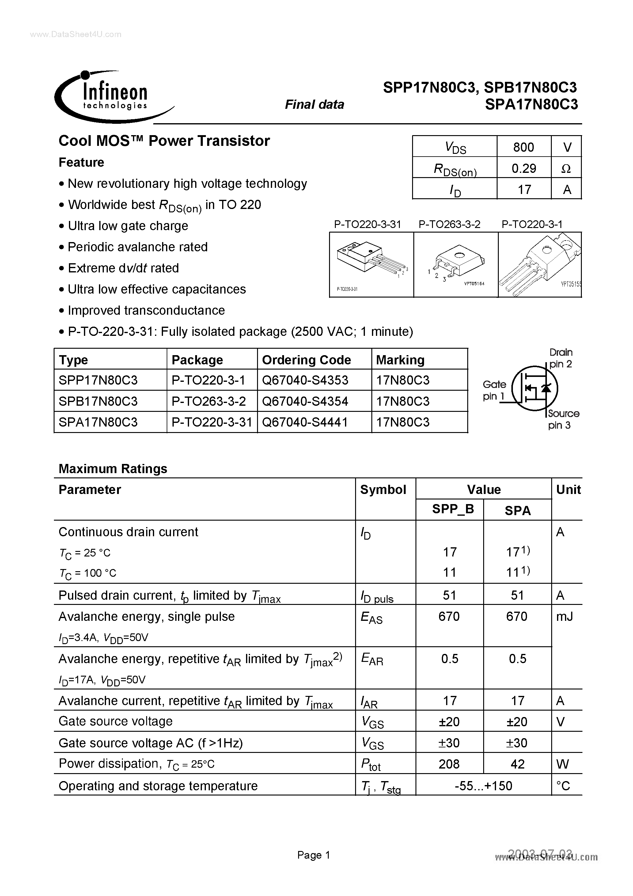 Datasheet 17N80C3 page 1 Datasheet 17N80C3 - Search -----> SPA17N80C3 / SPB17N80C3 / SPW17N80C3 page 1