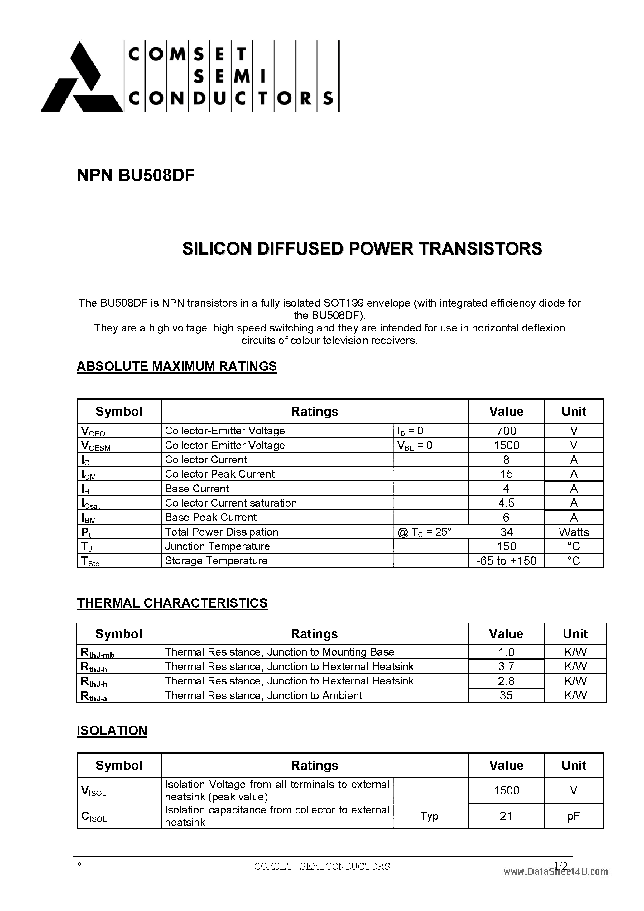 Даташит BU508DF - SILICON DIFFUSED POWER TRANSISTORS страница 1