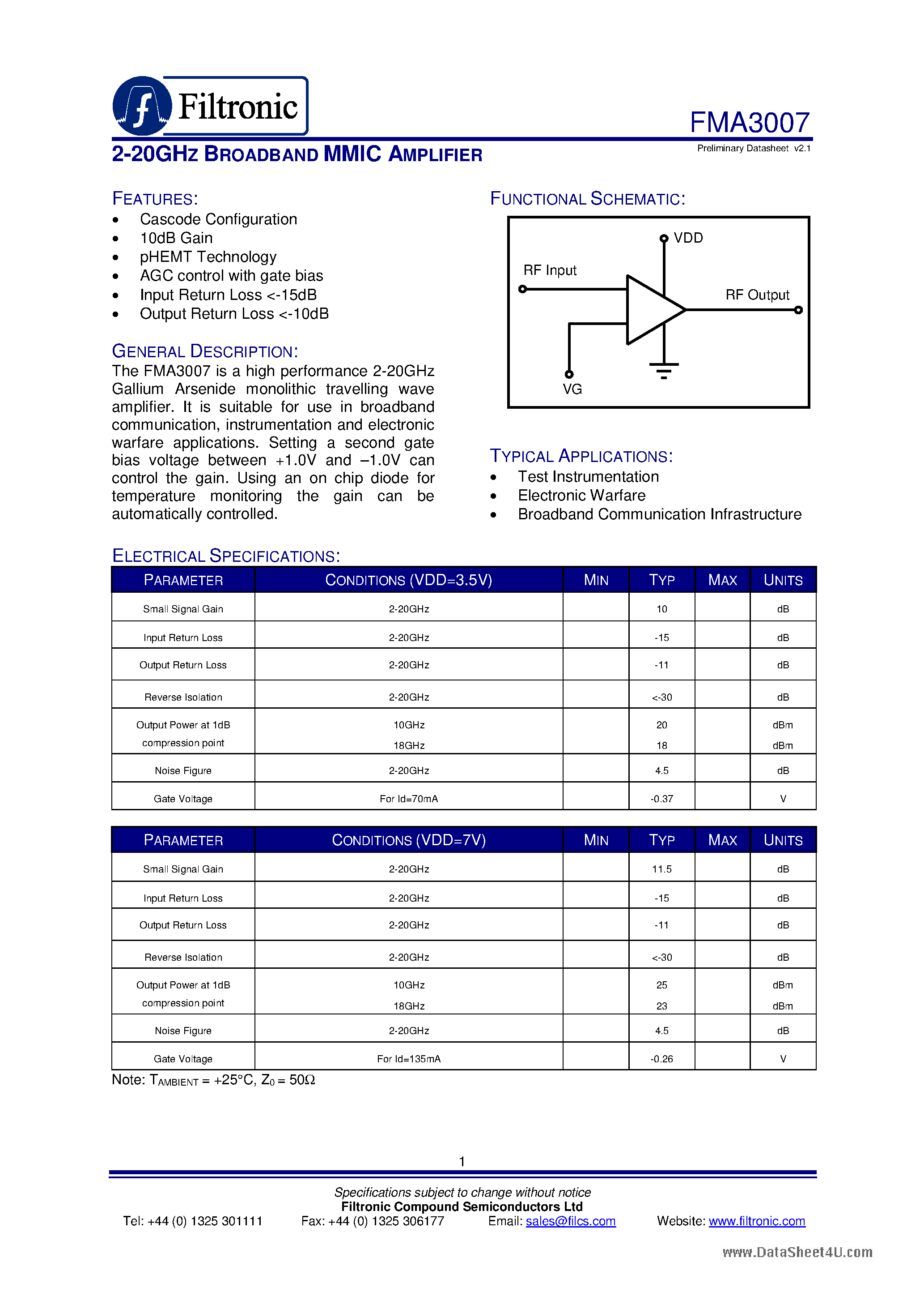 Даташит FMA3007 - 2-20GHZ BROADBAND MMIC AMPLIFIER страница 1