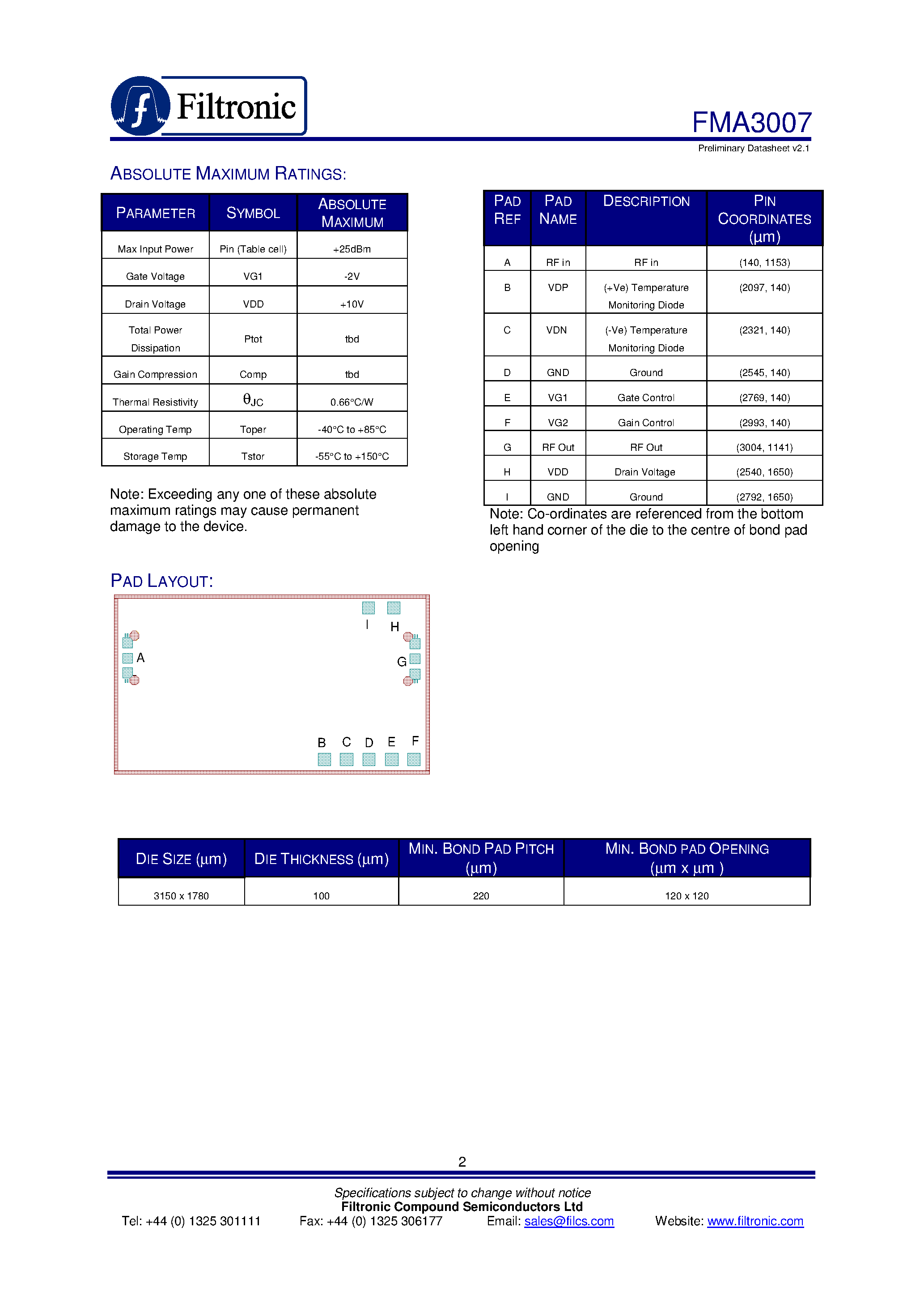 Даташит FMA3007 - 2-20GHZ BROADBAND MMIC AMPLIFIER страница 2