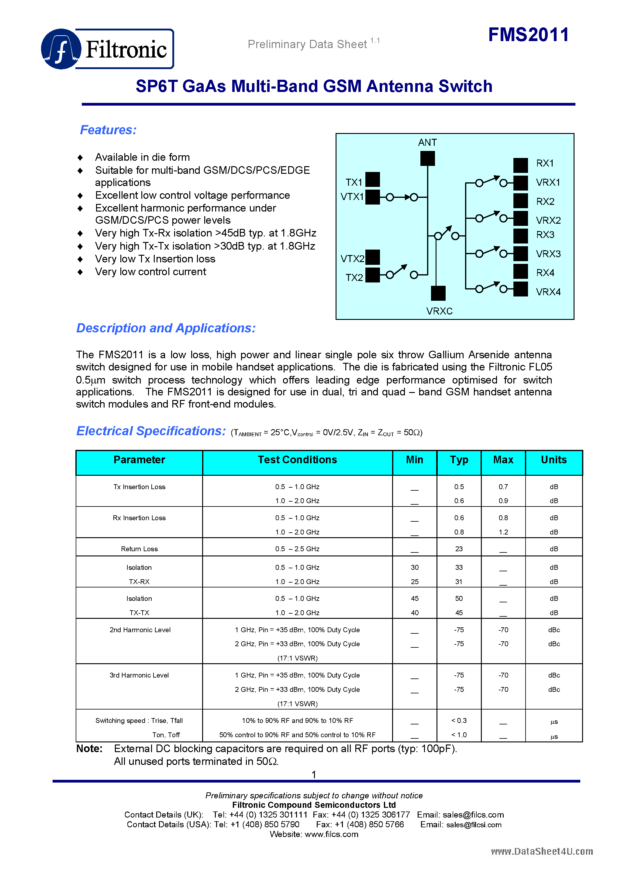 Даташит на микросхему FMS2011 страница 1 Даташит FMS2011 - SP6T GaAs Multi-Band GSM Antenna Switch страница 1