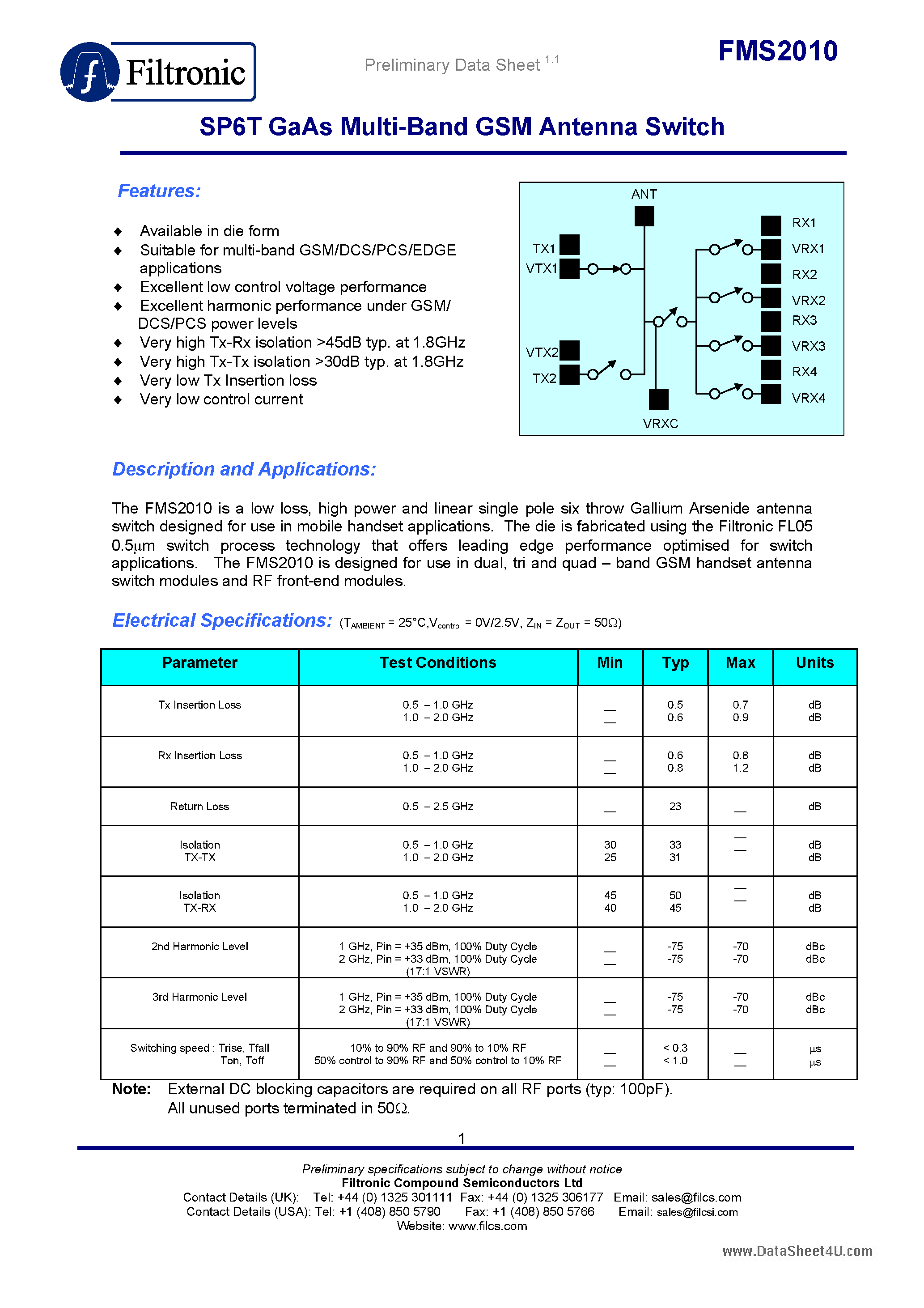 Даташит FMS2010 - SP6T GaAs Multi-Band GSM Antenna Switch страница 1