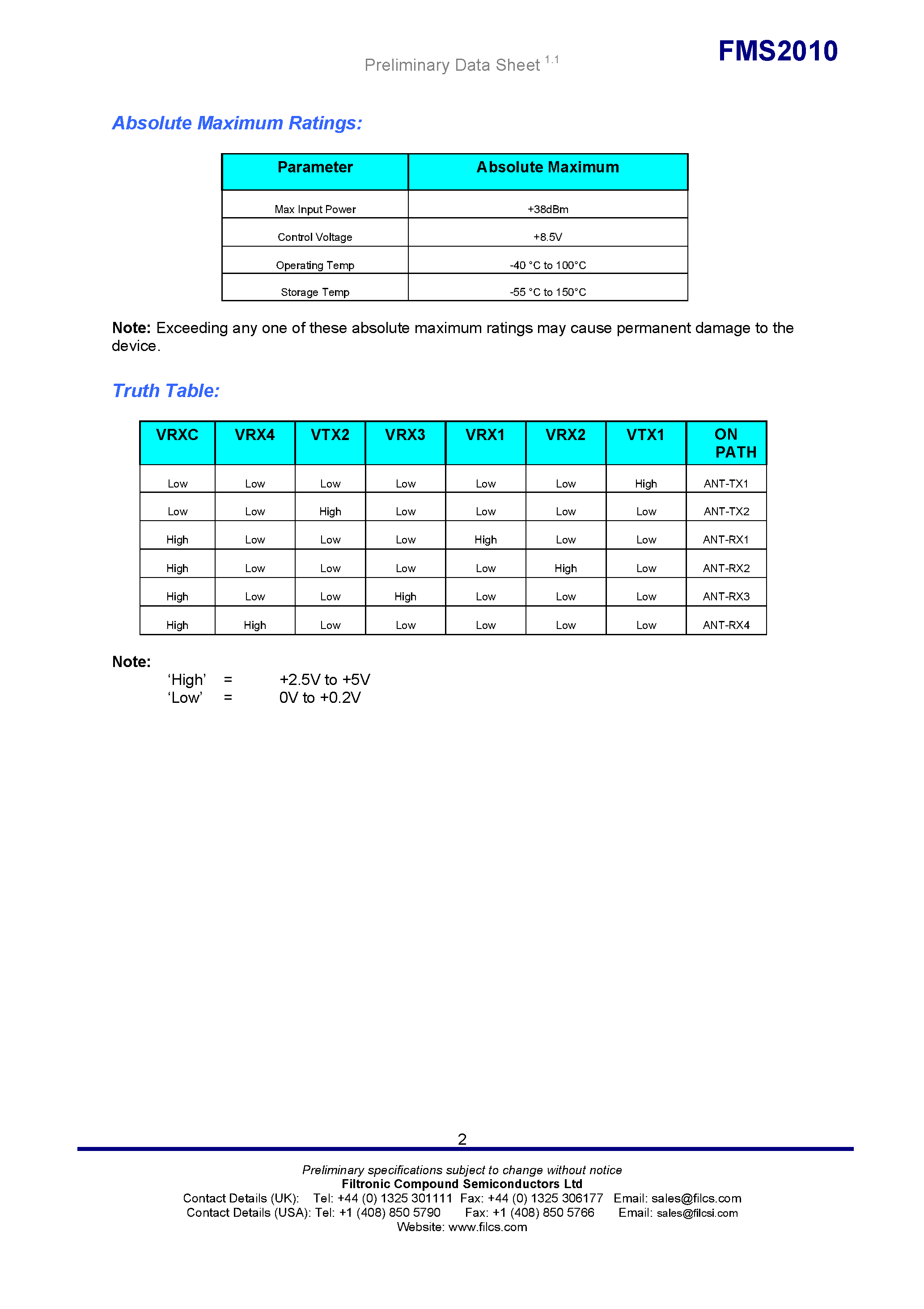Даташит FMS2010 - SP6T GaAs Multi-Band GSM Antenna Switch страница 2