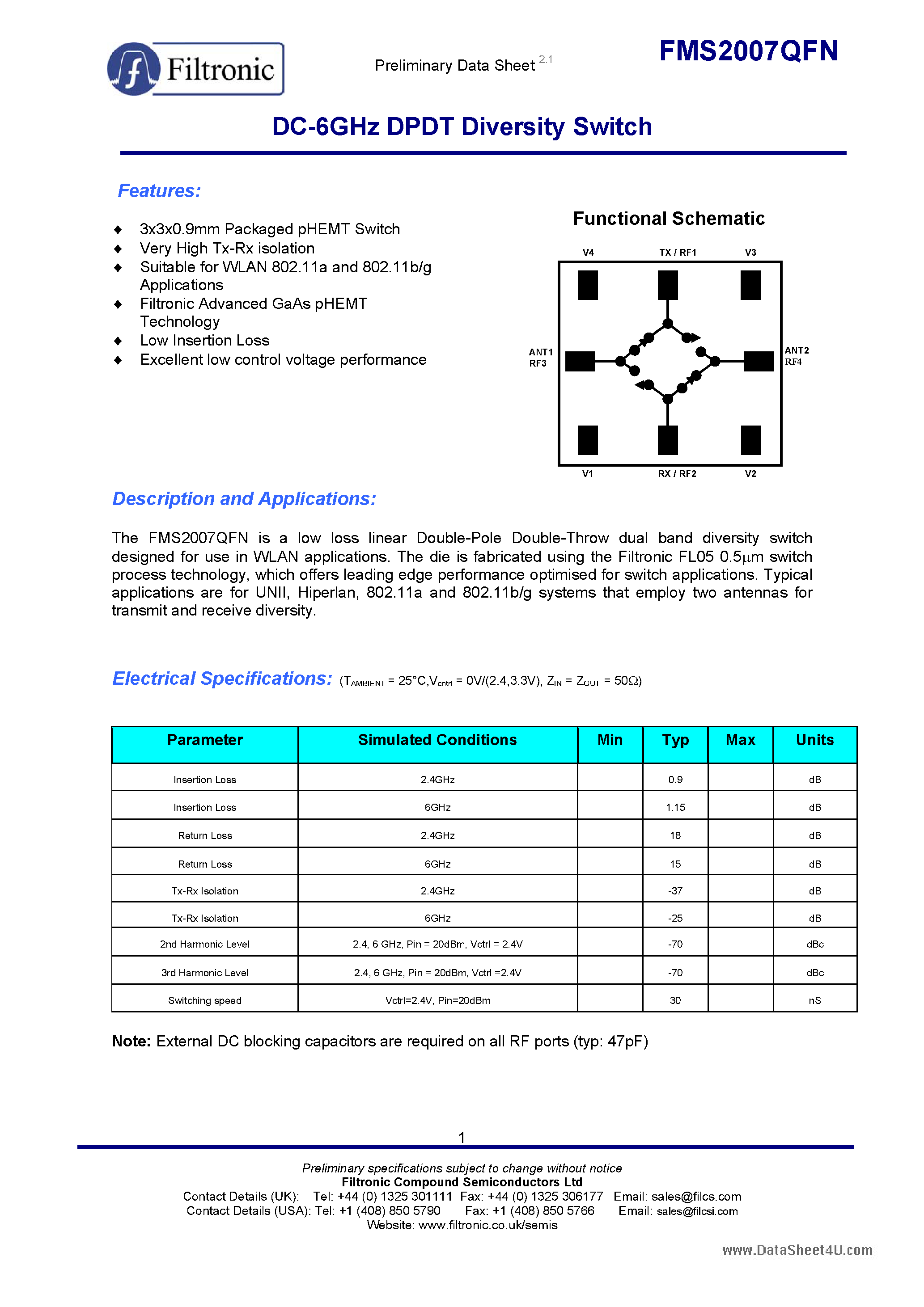Даташит на микросхему FMS2007QFN страница 1 Даташит FMS2007QFN - DC-6GHz DPDT Diversity Switch страница 1