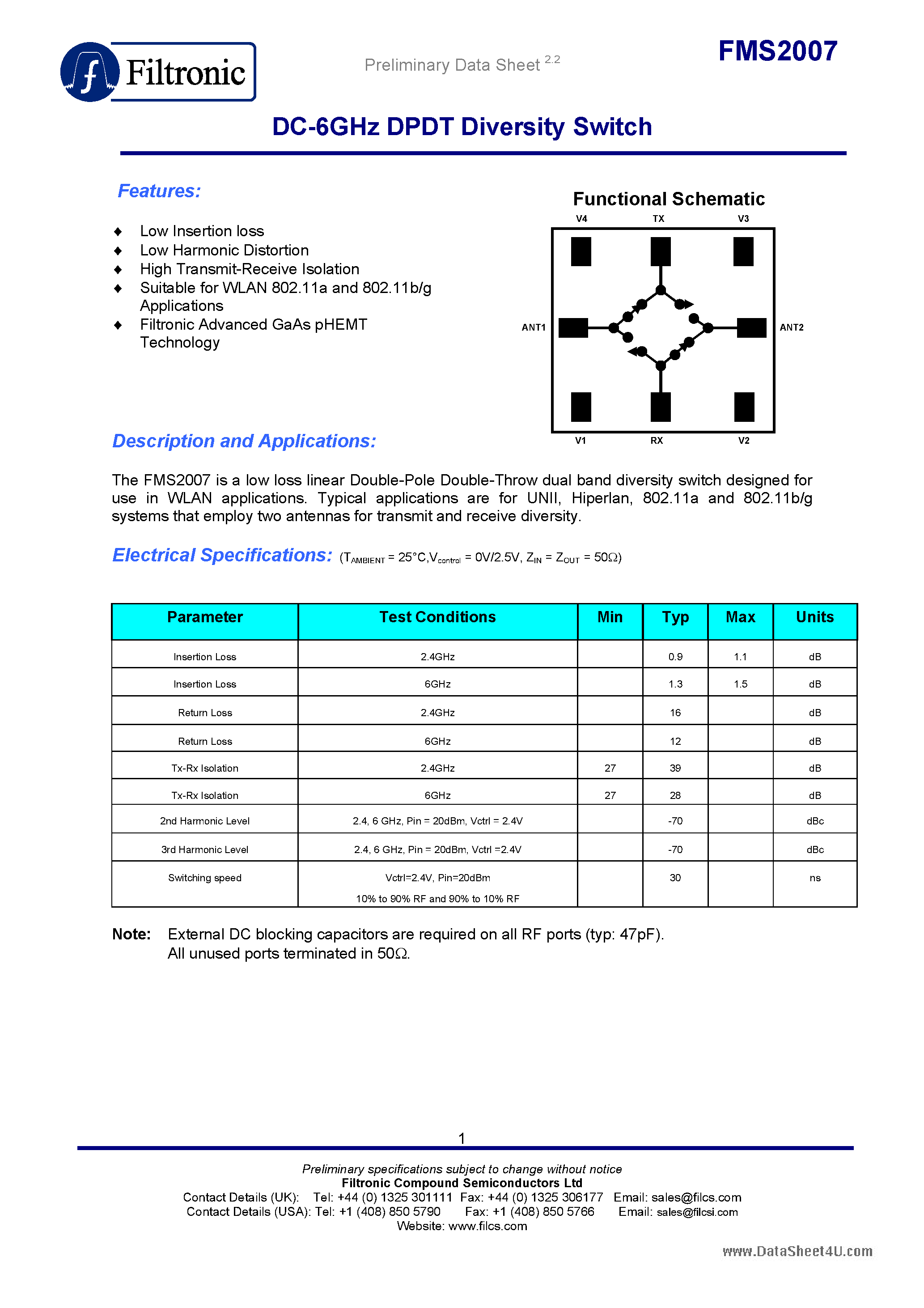 Даташит на микросхему FMS2007 страница 1 Даташит FMS2007 - DC-6GHz DPDT Diversity Switch страница 1