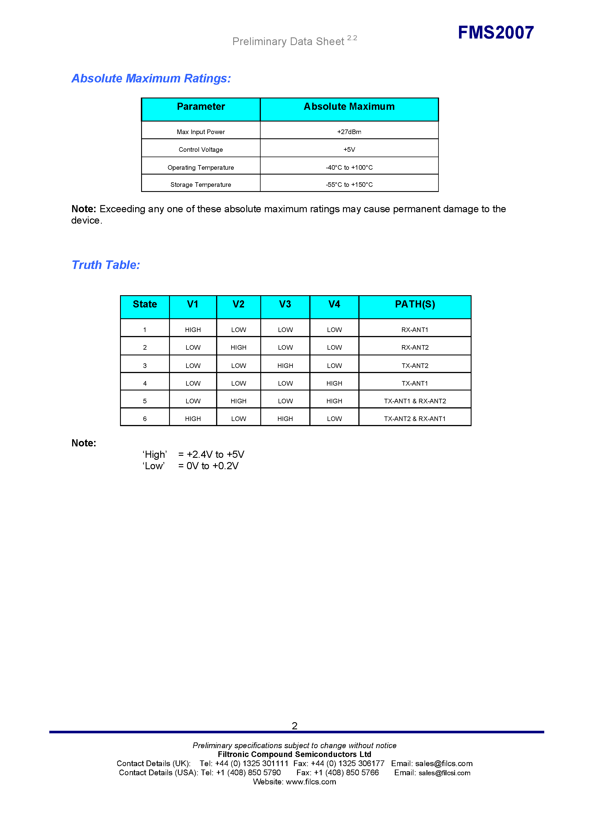 Даташит на микросхему FMS2007 страница 2 Даташит FMS2007 - DC-6GHz DPDT Diversity Switch страница 2