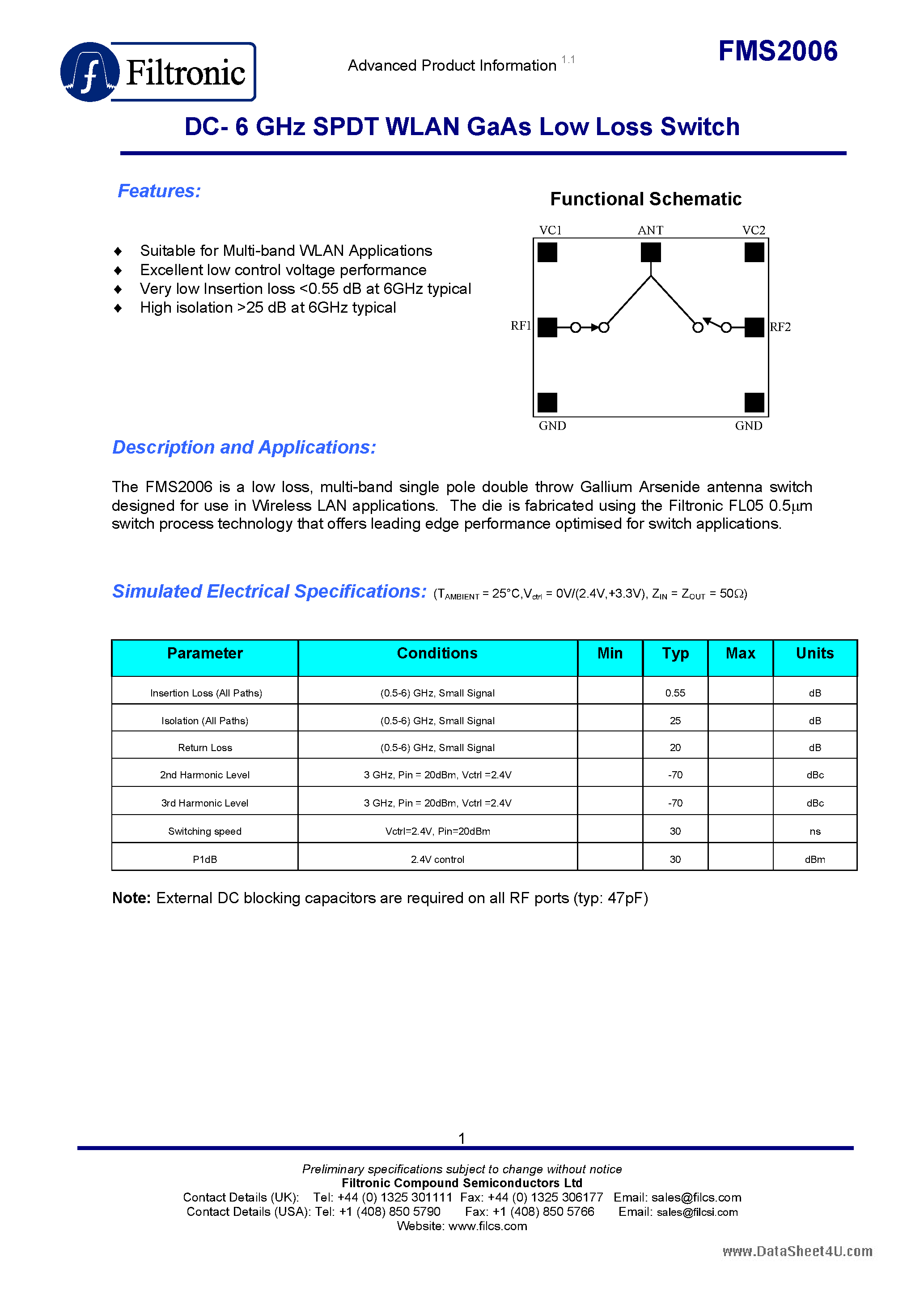 Datasheet FMS2006 - DC- 6 GHz SPDT WLAN GaAs Low Loss Switch page 1