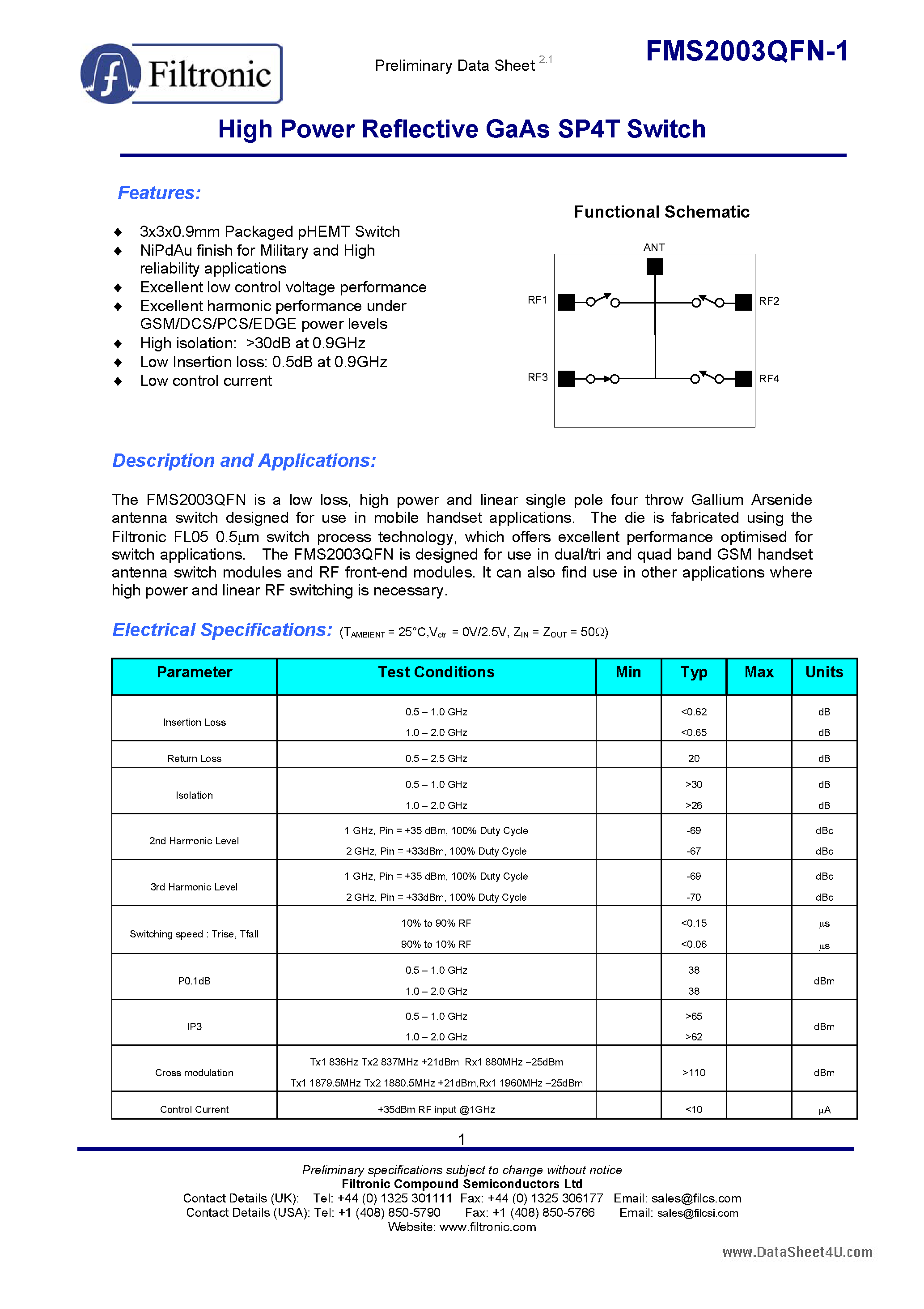 Даташит FMS2003QFN-1 - High Power Reflective GaAs SP4T Switch страница 1
