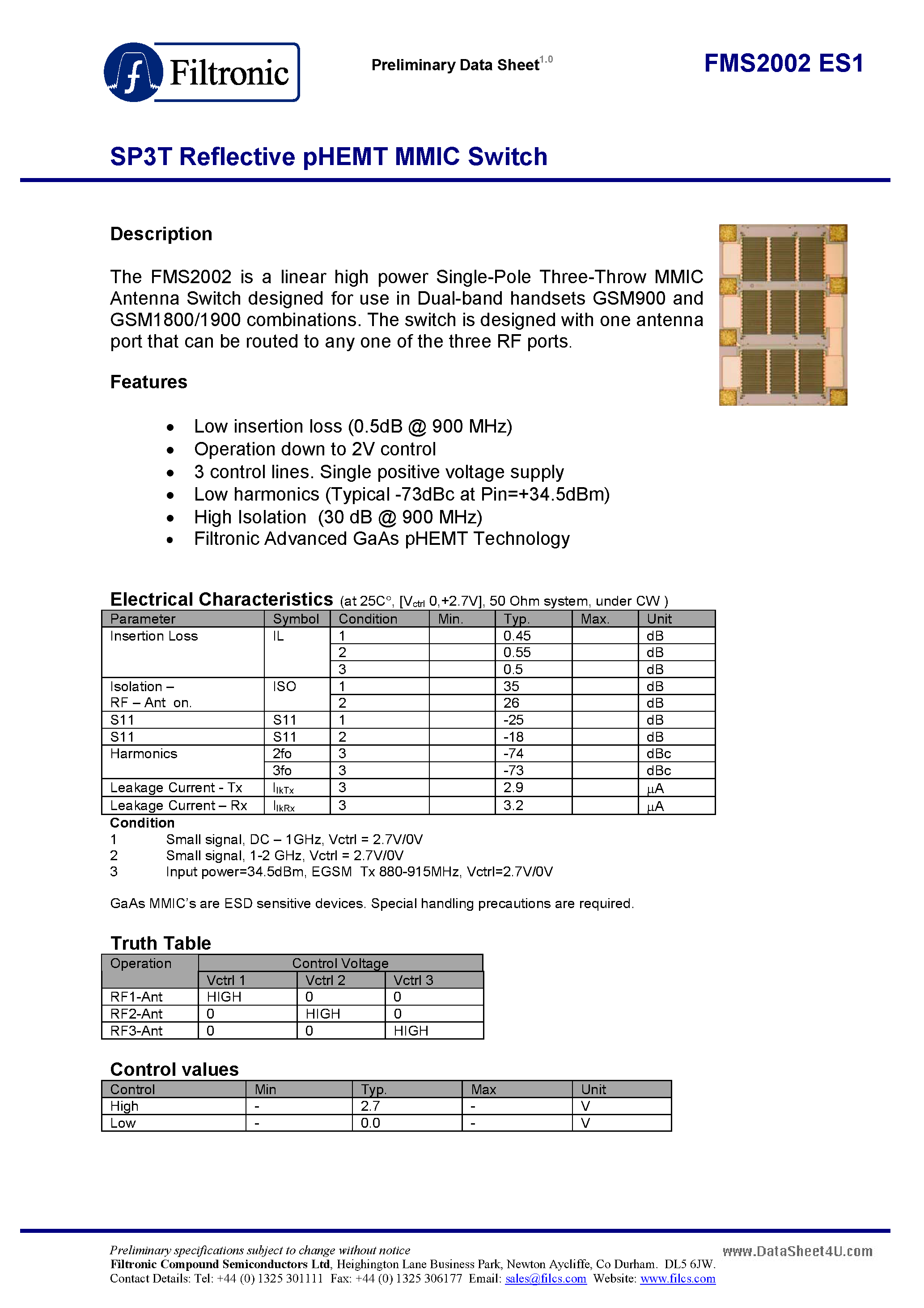 Даташит FMS2002ES1 - SP3T Reflective pHEMT MMIC Switch страница 1