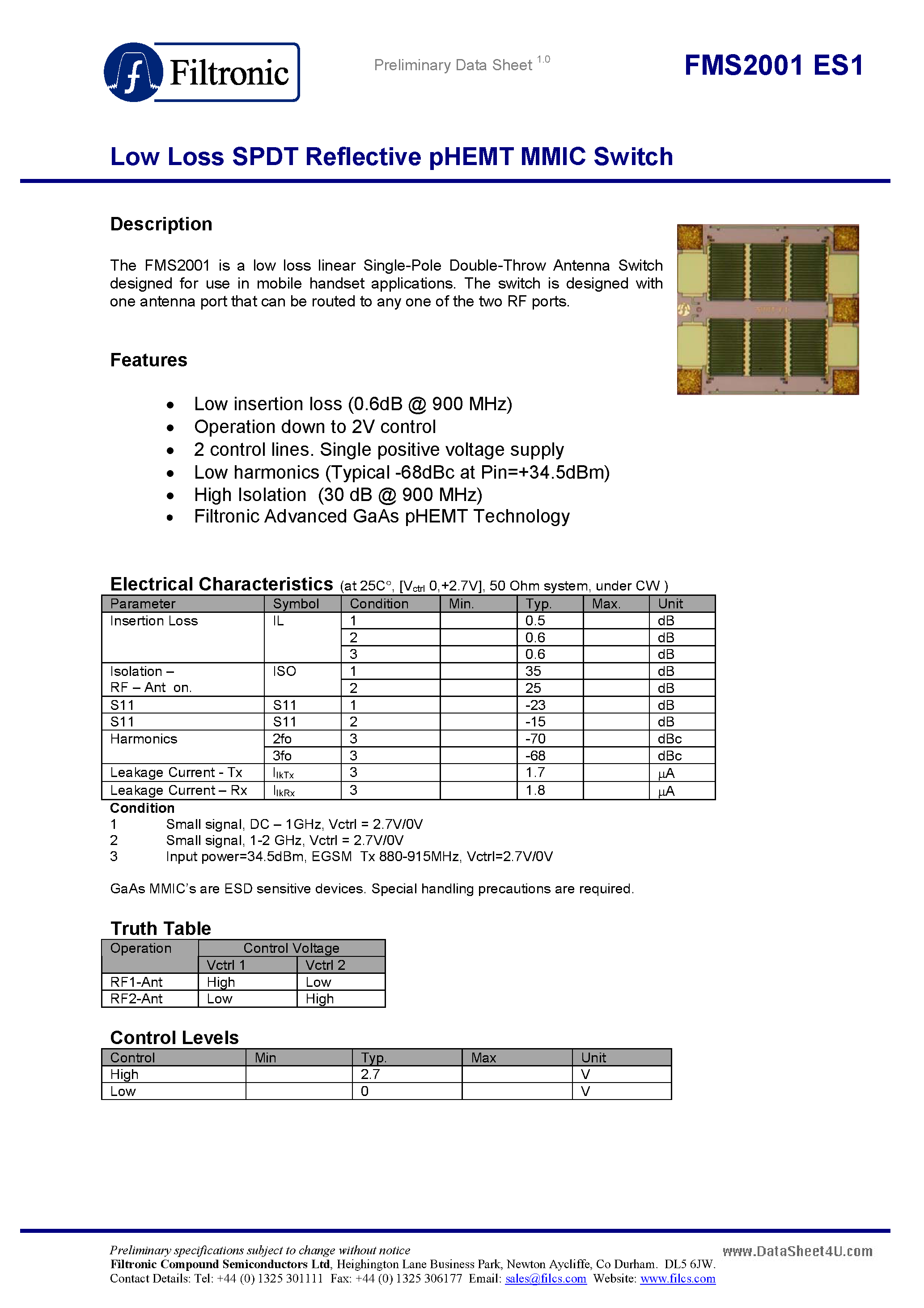 Даташит FMS2001ES1 - Low Loss SPDT Reflective pHEMT MMIC Switch страница 1