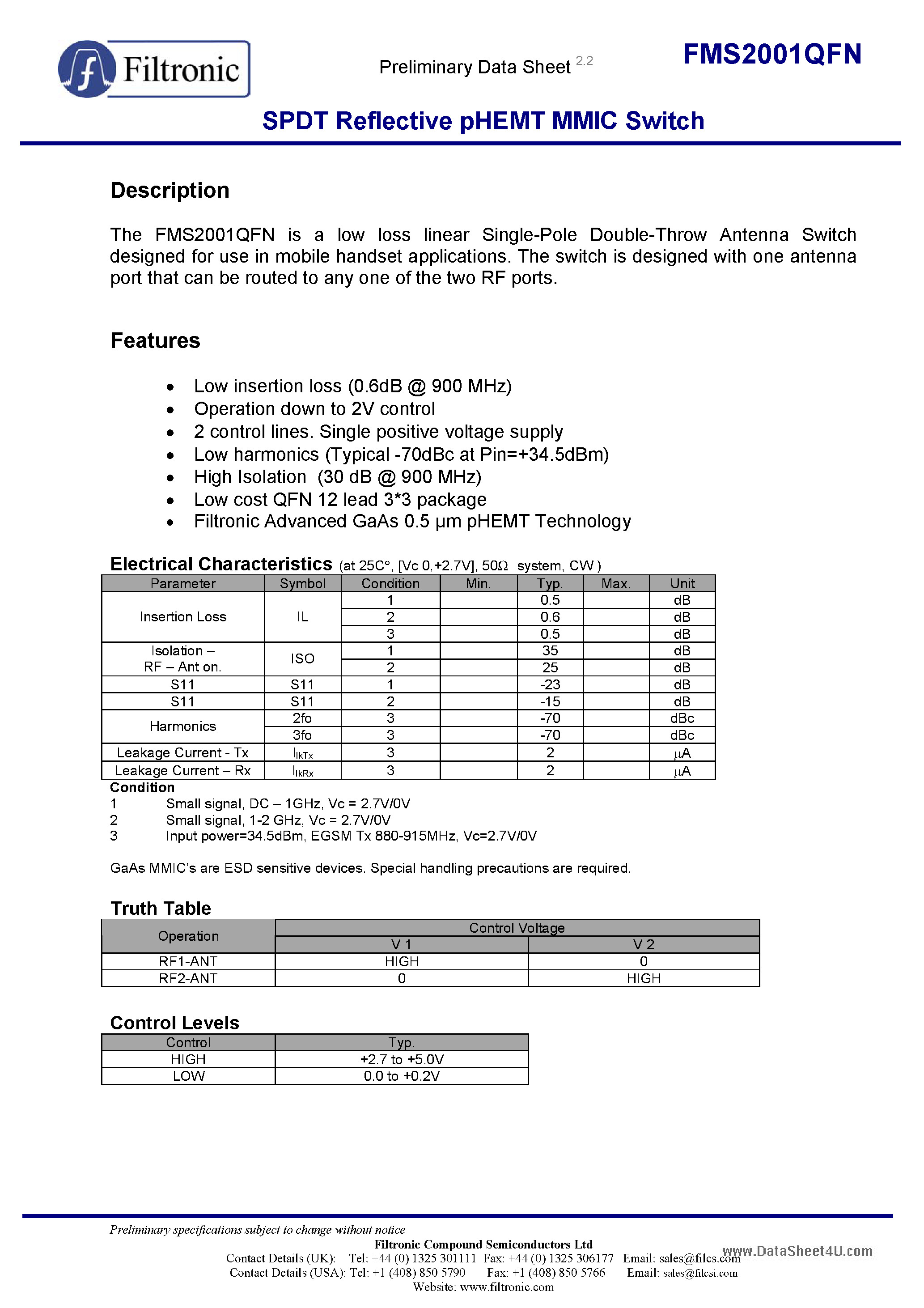 Даташит FMS2001QFN - SPDT Reflective pHEMT MMIC Switch страница 1