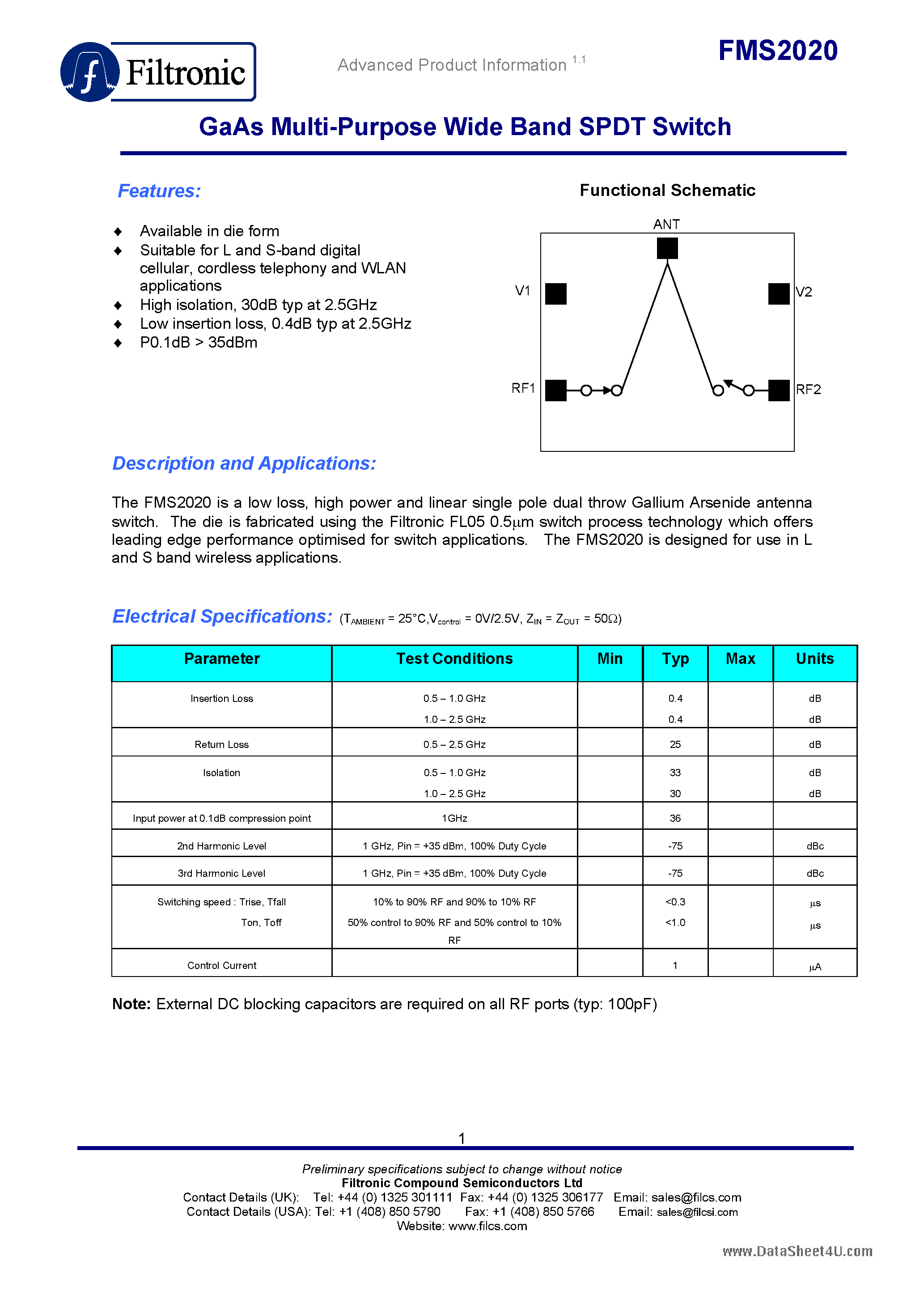 Даташит на микросхему FMS2020 страница 1 Даташит FMS2020 - GaAs Multi-Purpose Wide Band SPDT Switch страница 1