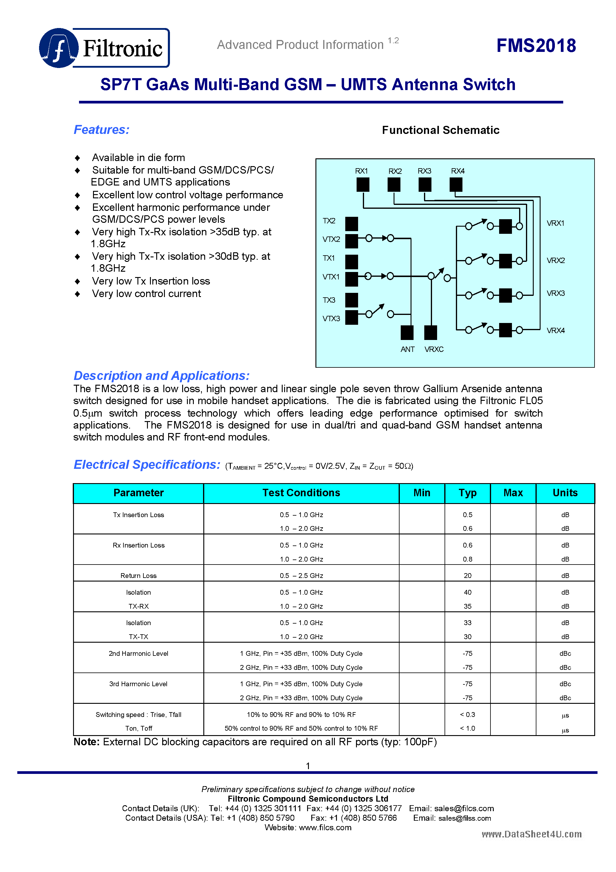 Даташит на микросхему FMS2018 страница 1 Даташит FMS2018 - SP7T GaAs Multi-Band GSM - UMTS Antenna Switch страница 1