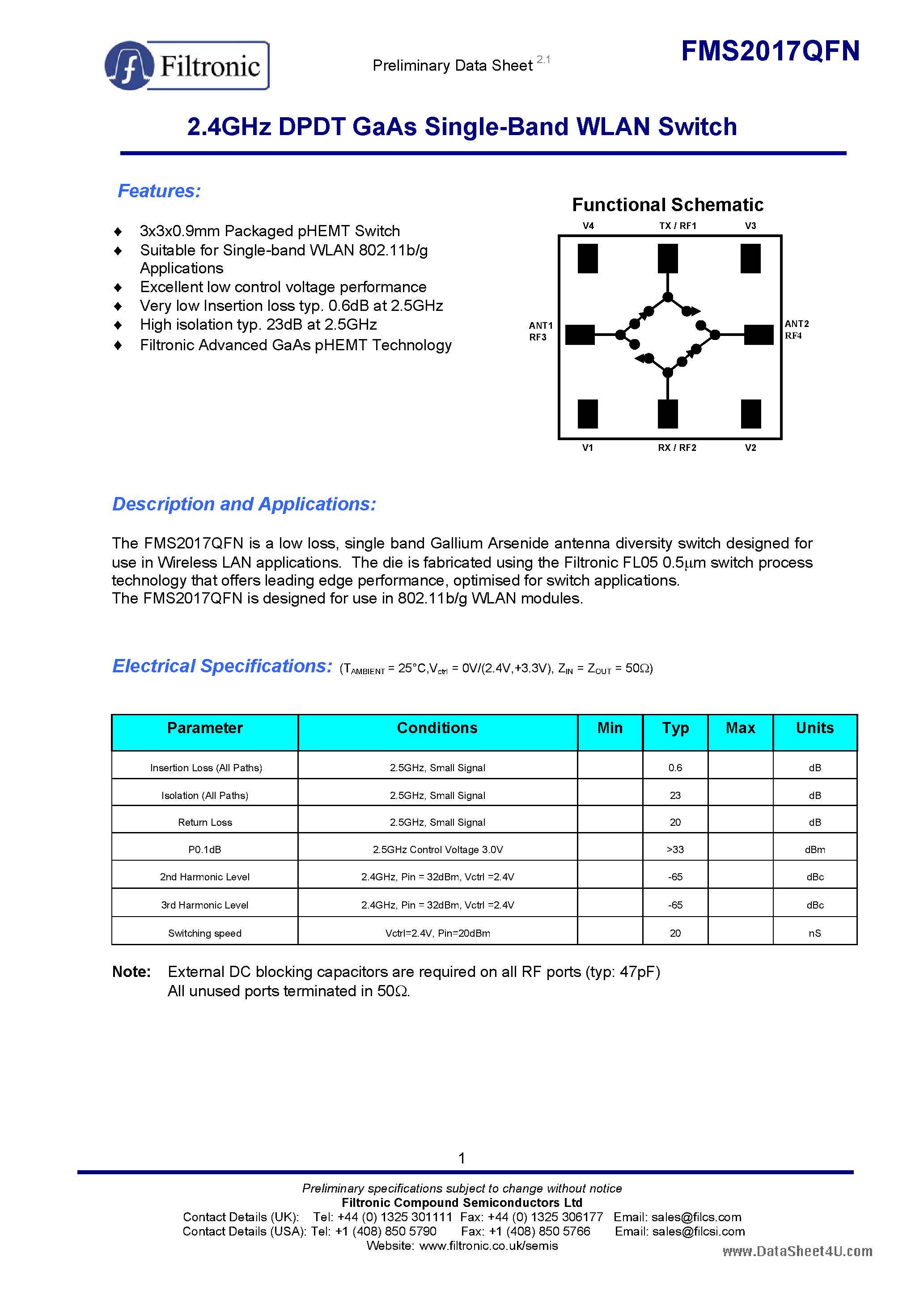 Даташит на микросхему FMS2017QFN страница 1 Даташит FMS2017QFN - DPDT GaAs Single-Band WLAN Switch страница 1