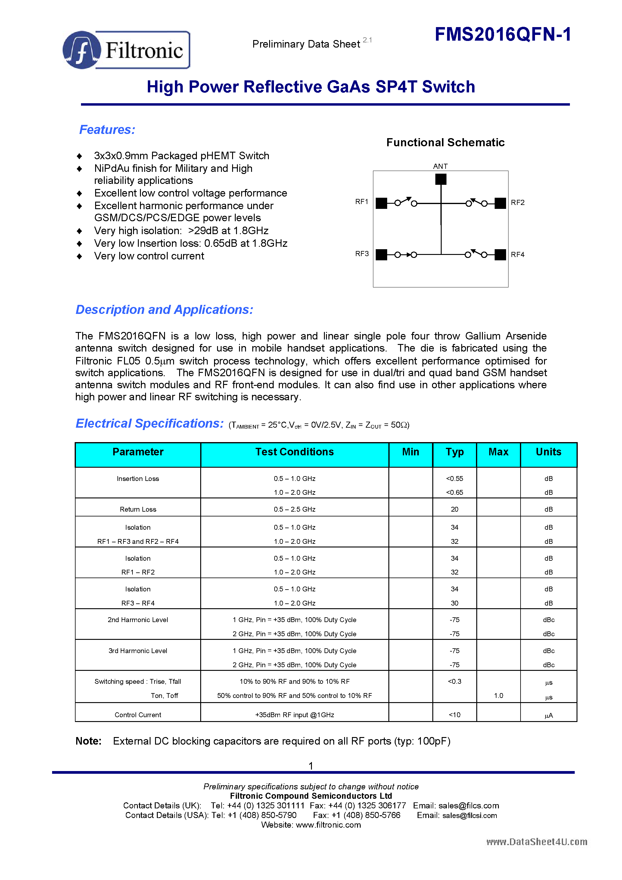 Даташит FMS2016QFN-1 - High Power Reflective GaAs SP4T Switch страница 1