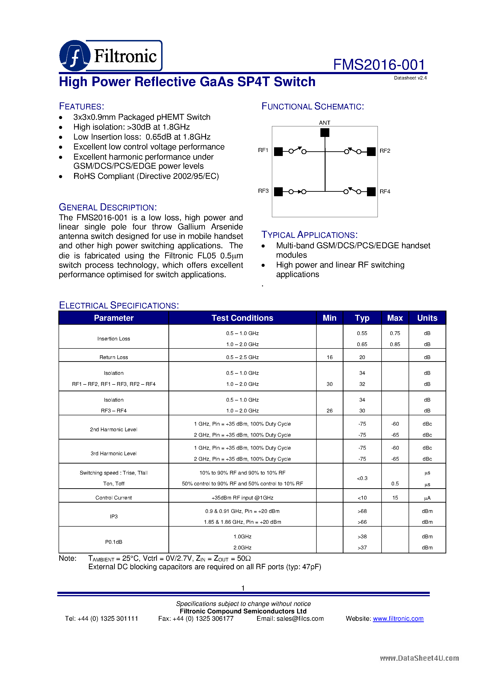 Даташит FMS2016-001 - High Power Reflective GaAs SP4T Switch страница 1