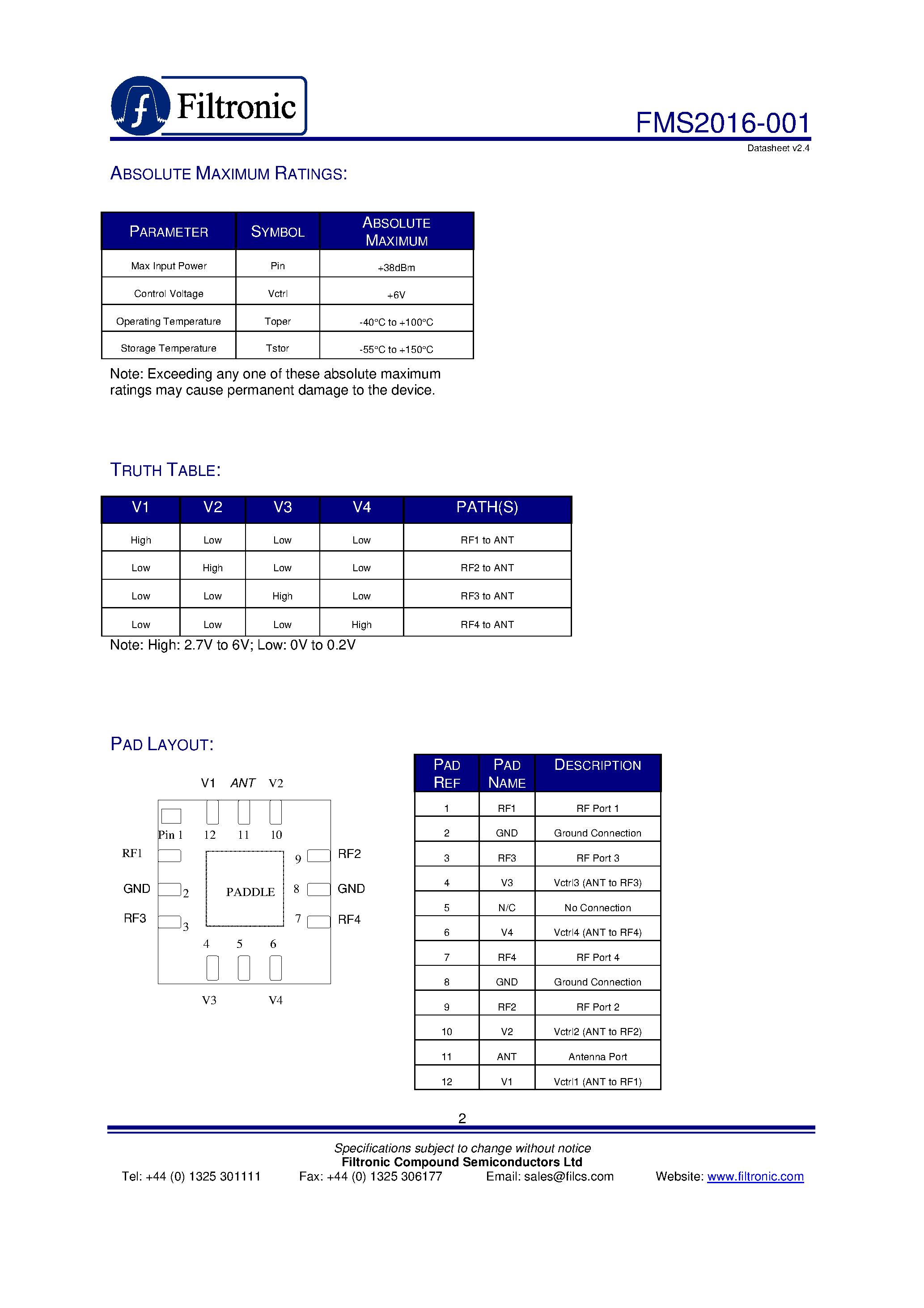 Даташит FMS2016-001 - High Power Reflective GaAs SP4T Switch страница 2