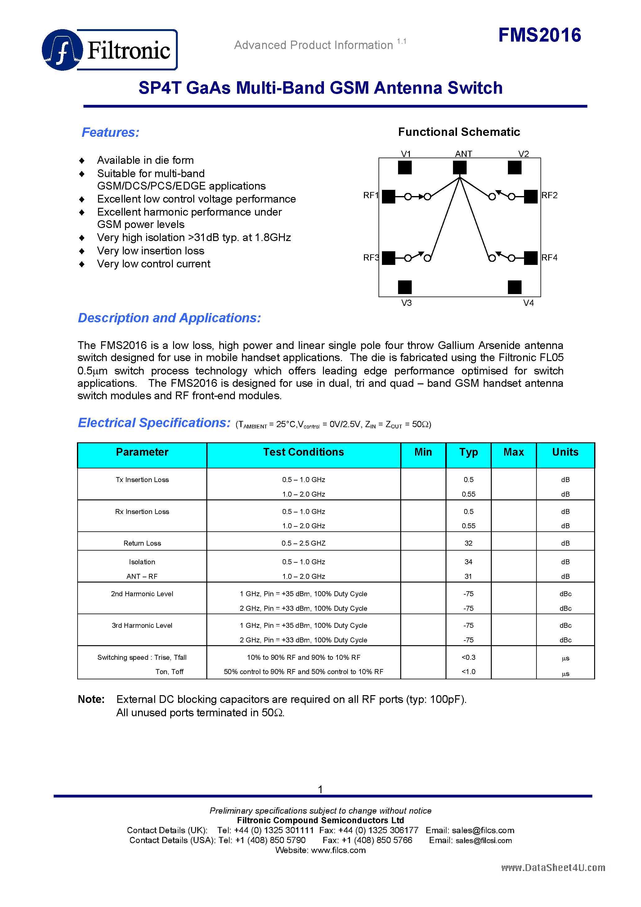 Даташит на микросхему FMS2016 страница 1 Даташит FMS2016 - SP4T GaAs Multi-Band GSM Antenna Switch страница 1