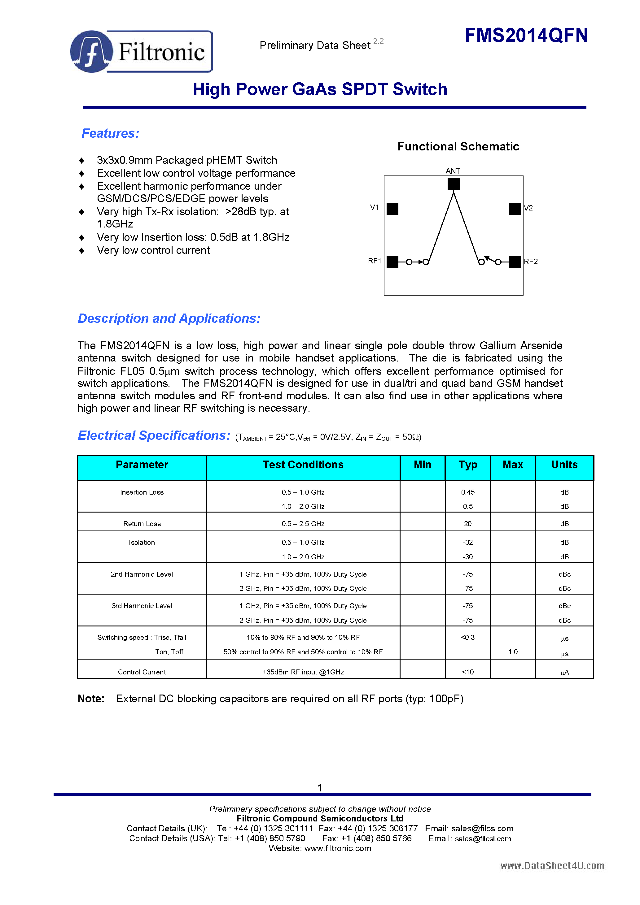 Даташит на микросхему FMS2014QFN страница 1 Даташит FMS2014QFN - High Power GaAs SPDT Switch страница 1