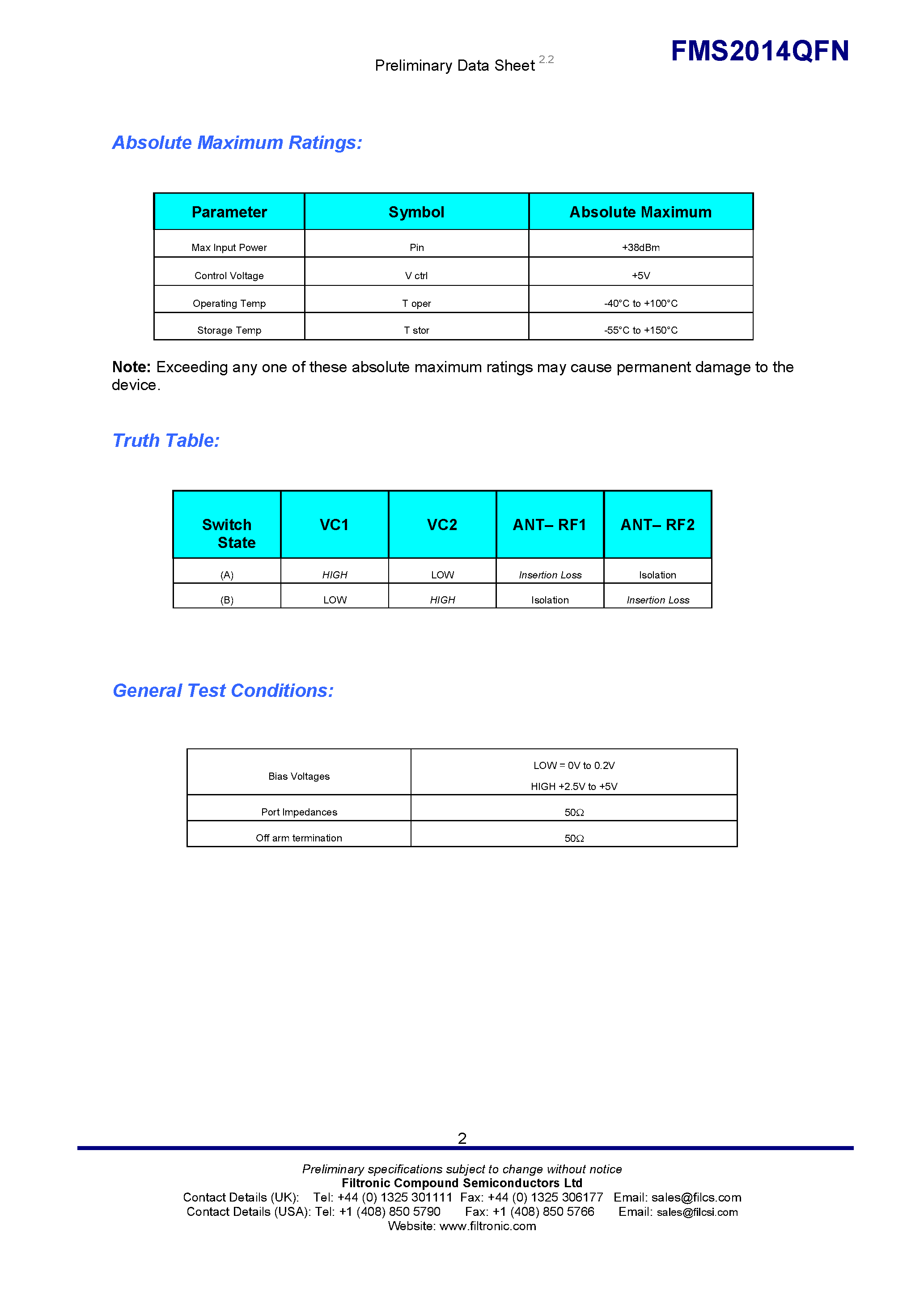 Даташит на микросхему FMS2014QFN страница 2 Даташит FMS2014QFN - High Power GaAs SPDT Switch страница 2