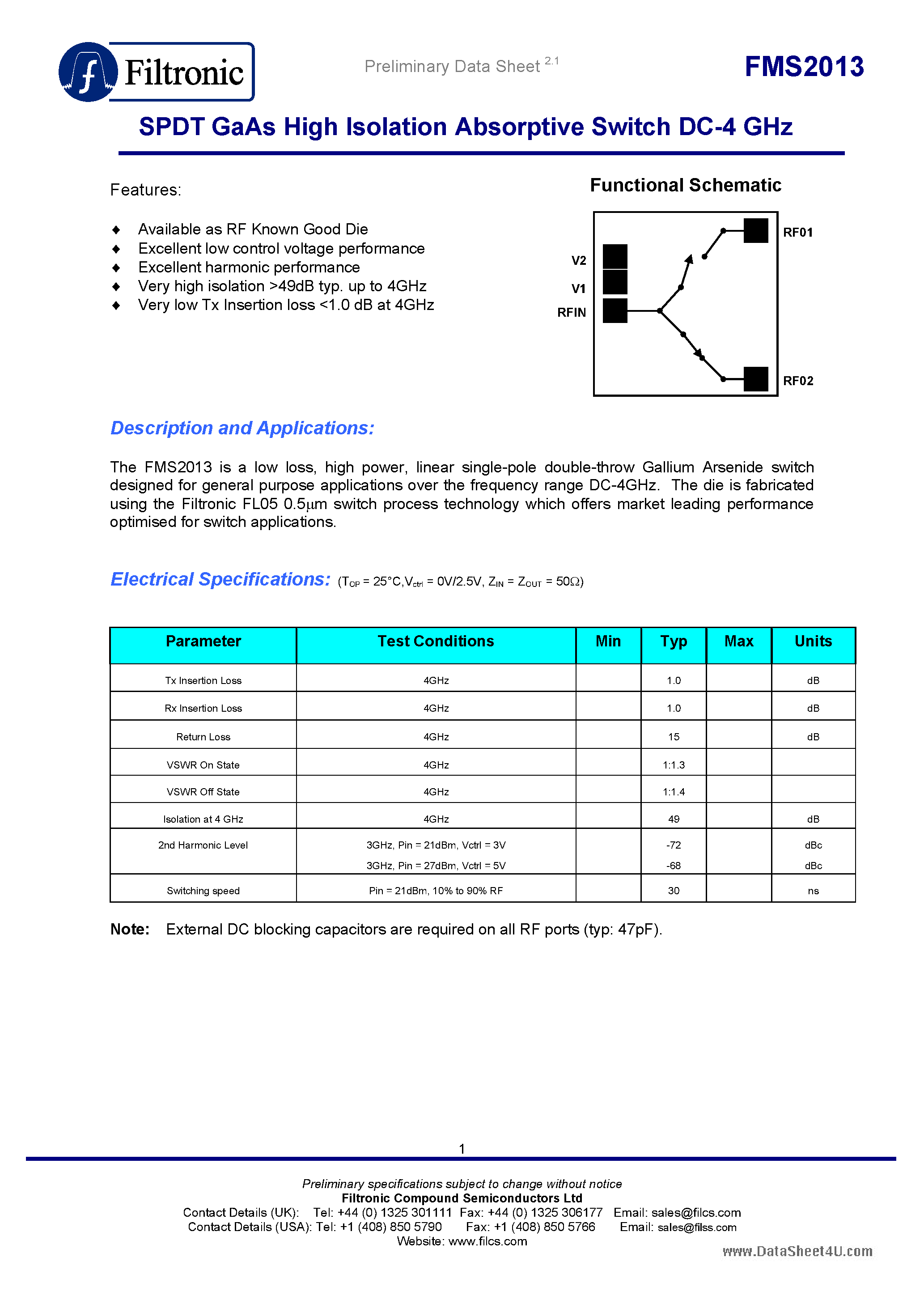 Даташит FMS2013 - SPDT GaAs High Isolation Absorptive Switch DC-4 GHz страница 1