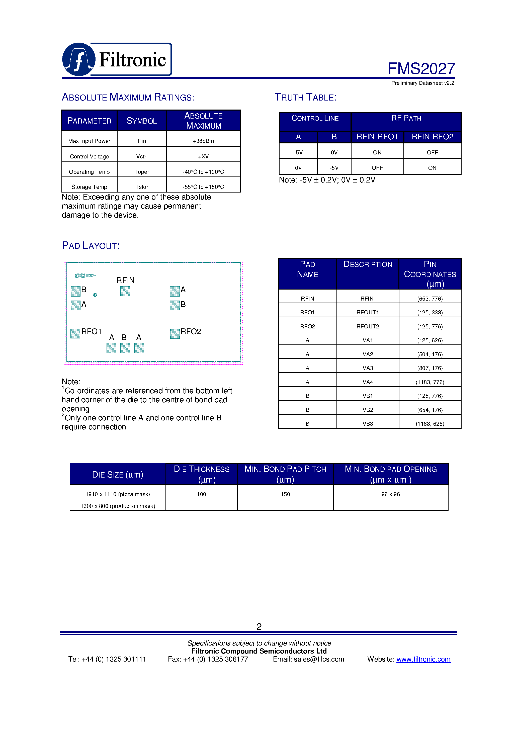 Даташит на микросхему FMS2027 страница 2 Даташит FMS2027 - MMIC SPDT NON-REFLECTIVE SWITCH страница 2