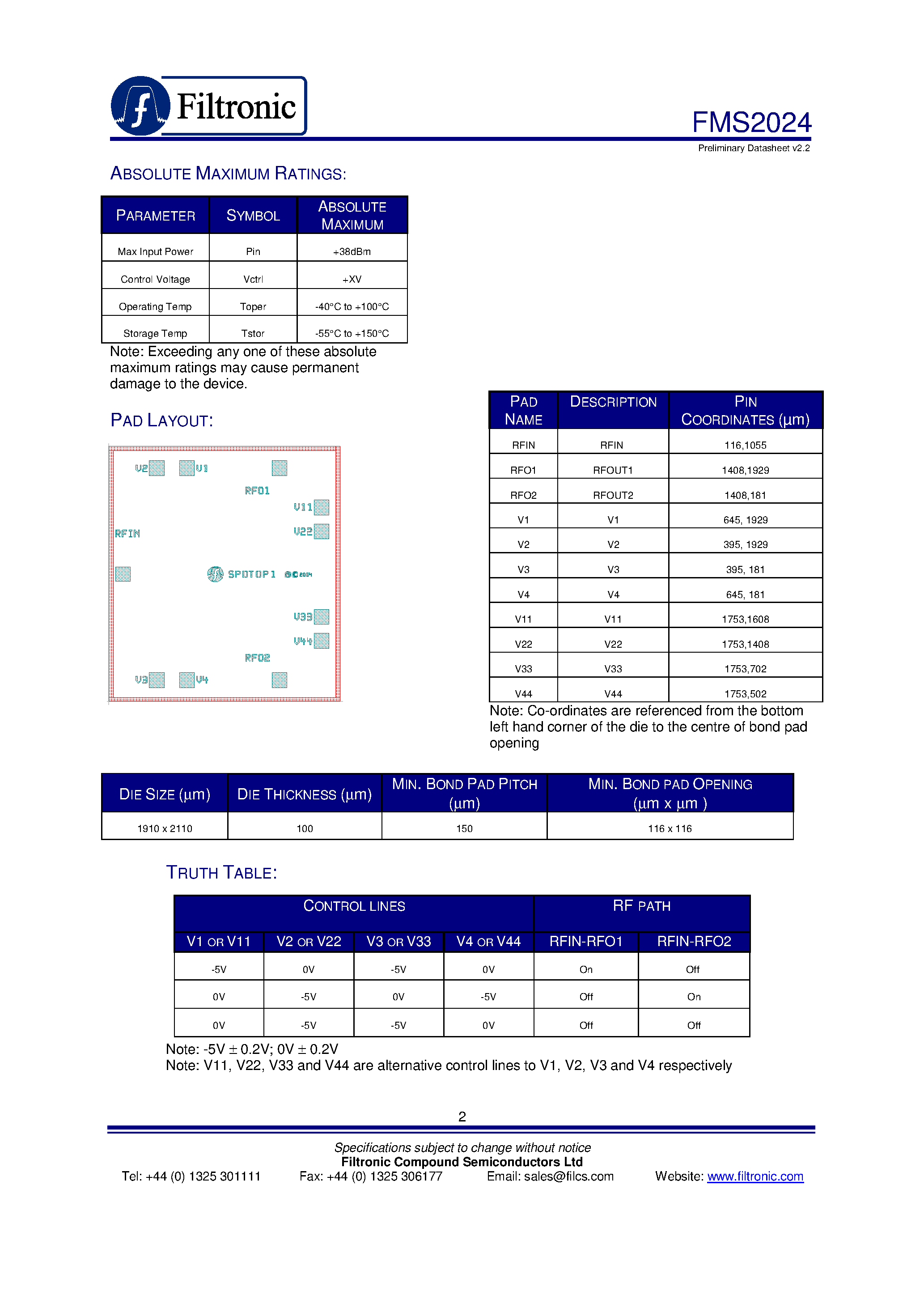 Даташит на микросхему FMS2024 страница 2 Даташит FMS2024 - MMIC SPDT REFLECTIVE SWITCH страница 2