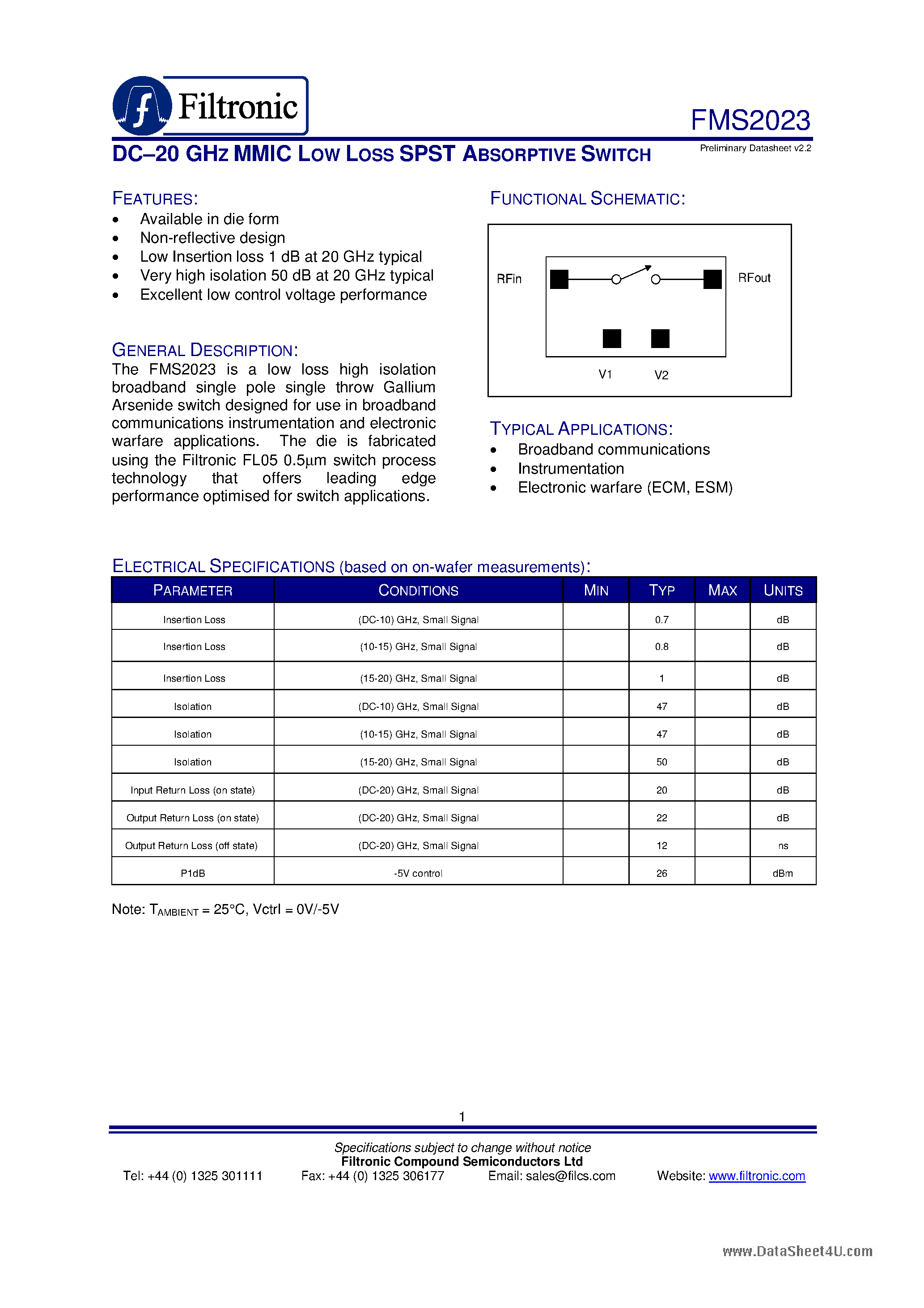 Даташит на микросхему FMS2023 страница 1 Даташит FMS2023 - MMIC LOW LOSS SPST ABSORPTIVE SWITCH страница 1