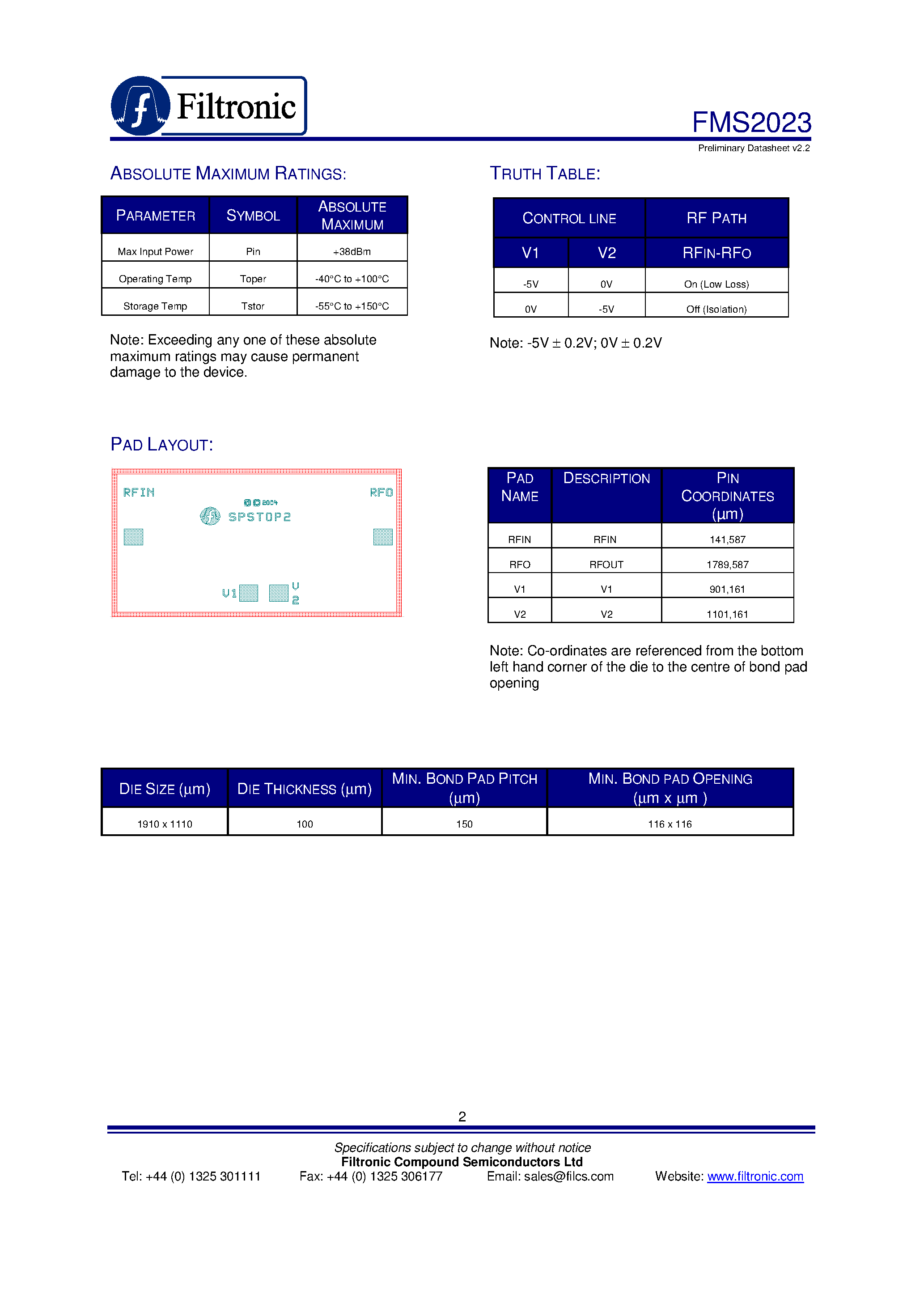 Даташит на микросхему FMS2023 страница 2 Даташит FMS2023 - MMIC LOW LOSS SPST ABSORPTIVE SWITCH страница 2