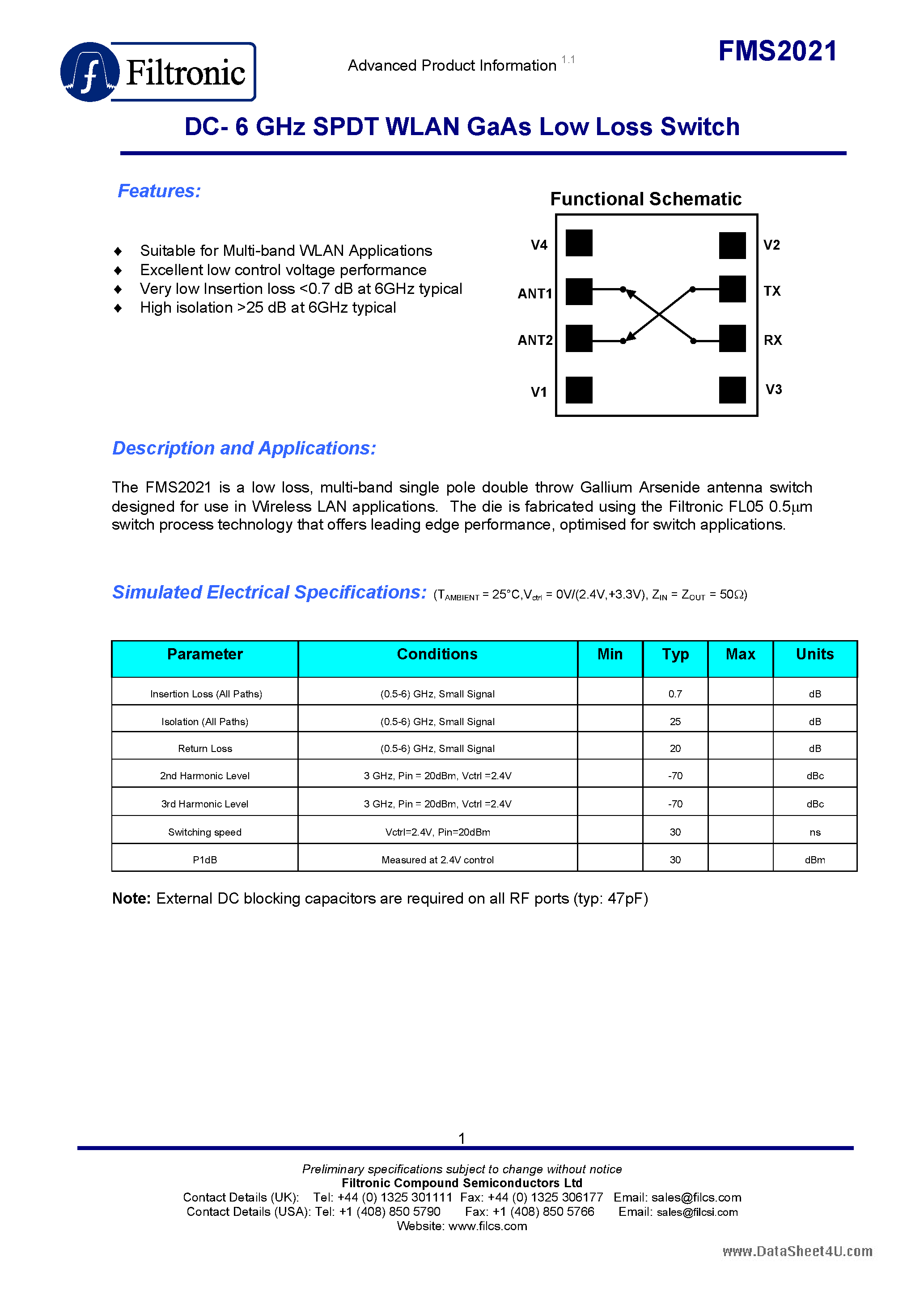 Даташит FMS2021 - SPDT WLAN GaAs Low Loss Switch страница 1