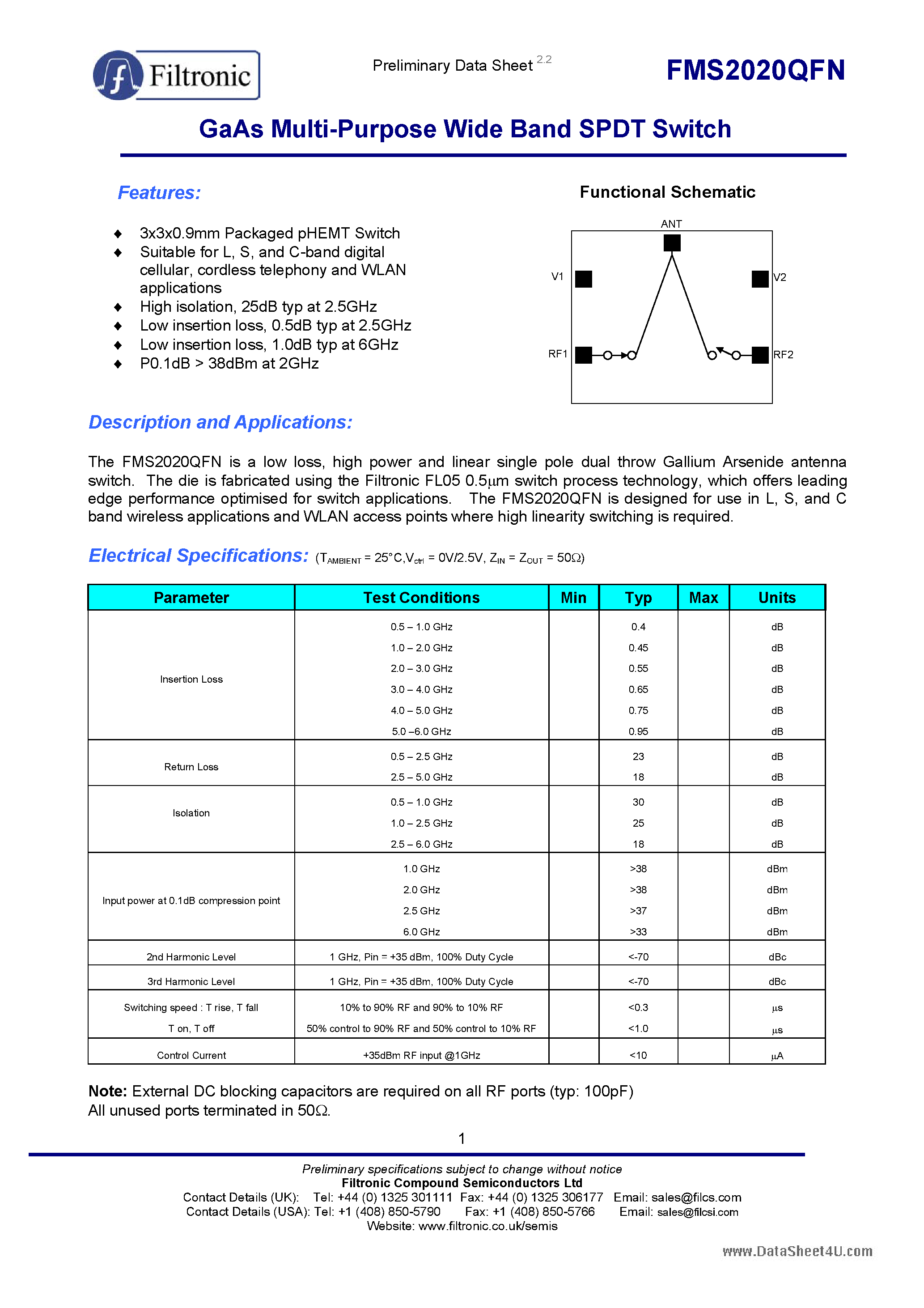 Даташит на микросхему FMS2020QFN страница 1 Даташит FMS2020QFN - GaAs Multi-Purpose Wide Band SPDT Switch страница 1