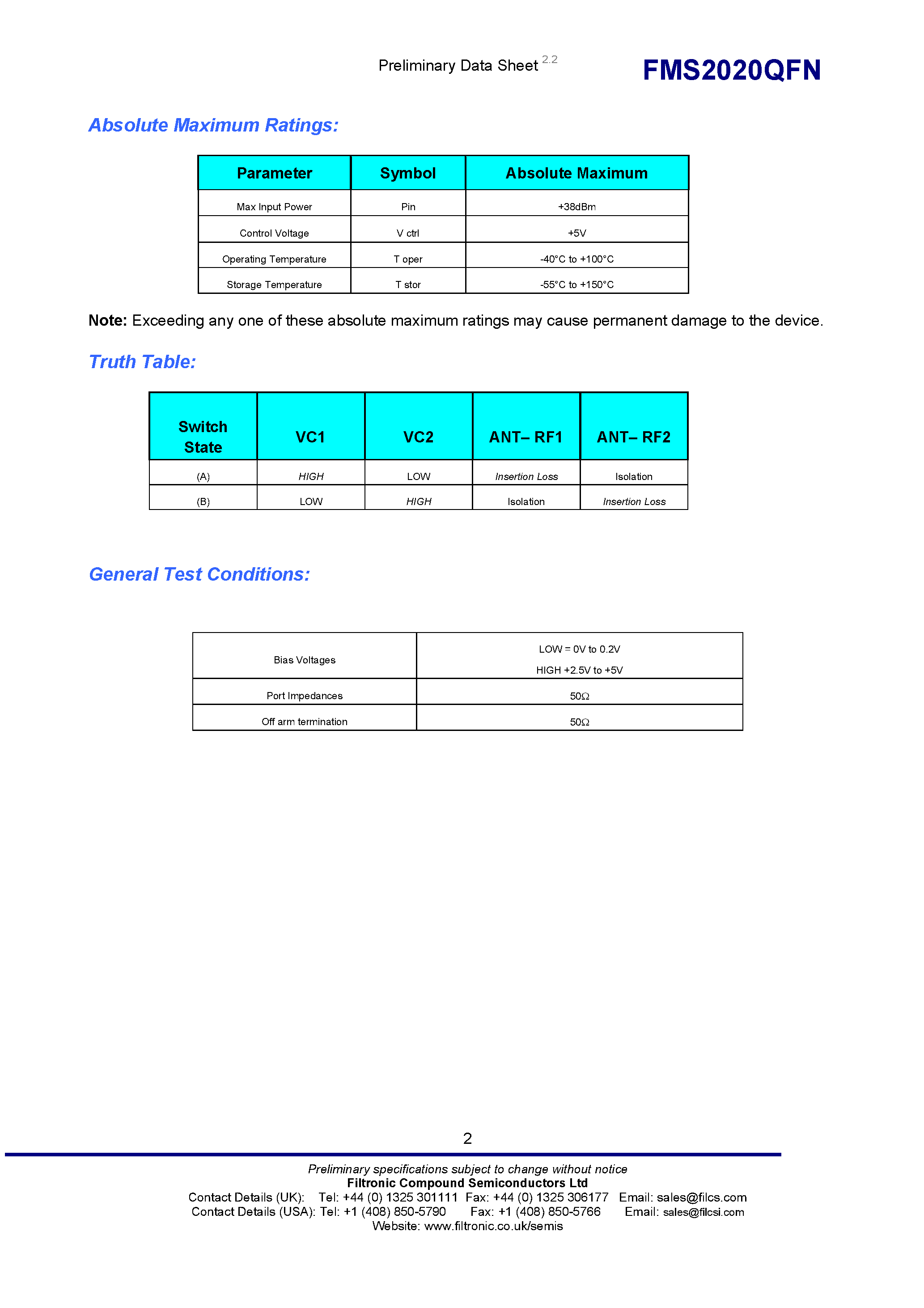 Даташит на микросхему FMS2020QFN страница 2 Даташит FMS2020QFN - GaAs Multi-Purpose Wide Band SPDT Switch страница 2
