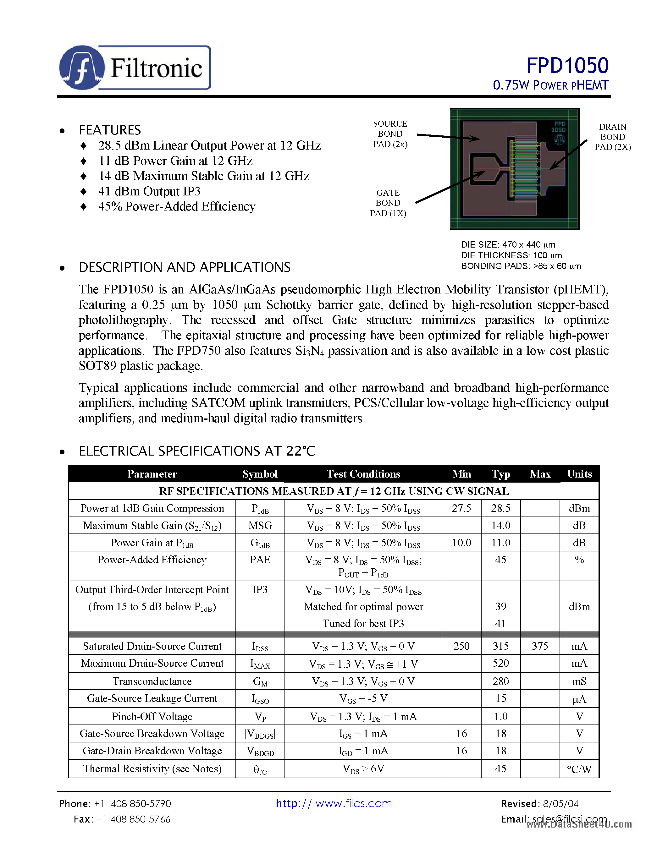 Datasheet FPD1050 page 1 Datasheet FPD1050 - 0.75W POWER PHEMT page 1