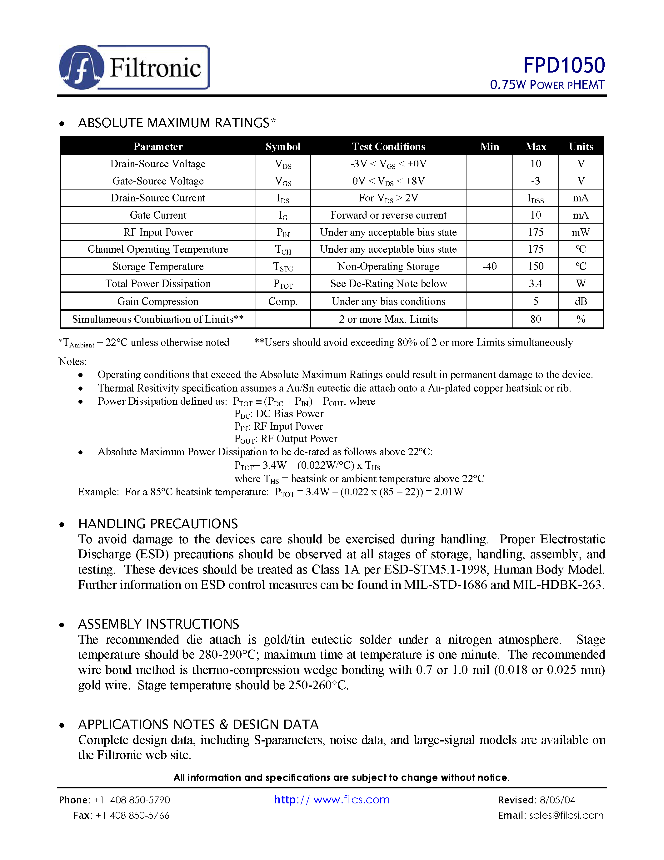 Datasheet FPD1050 page 2 Datasheet FPD1050 - 0.75W POWER PHEMT page 2