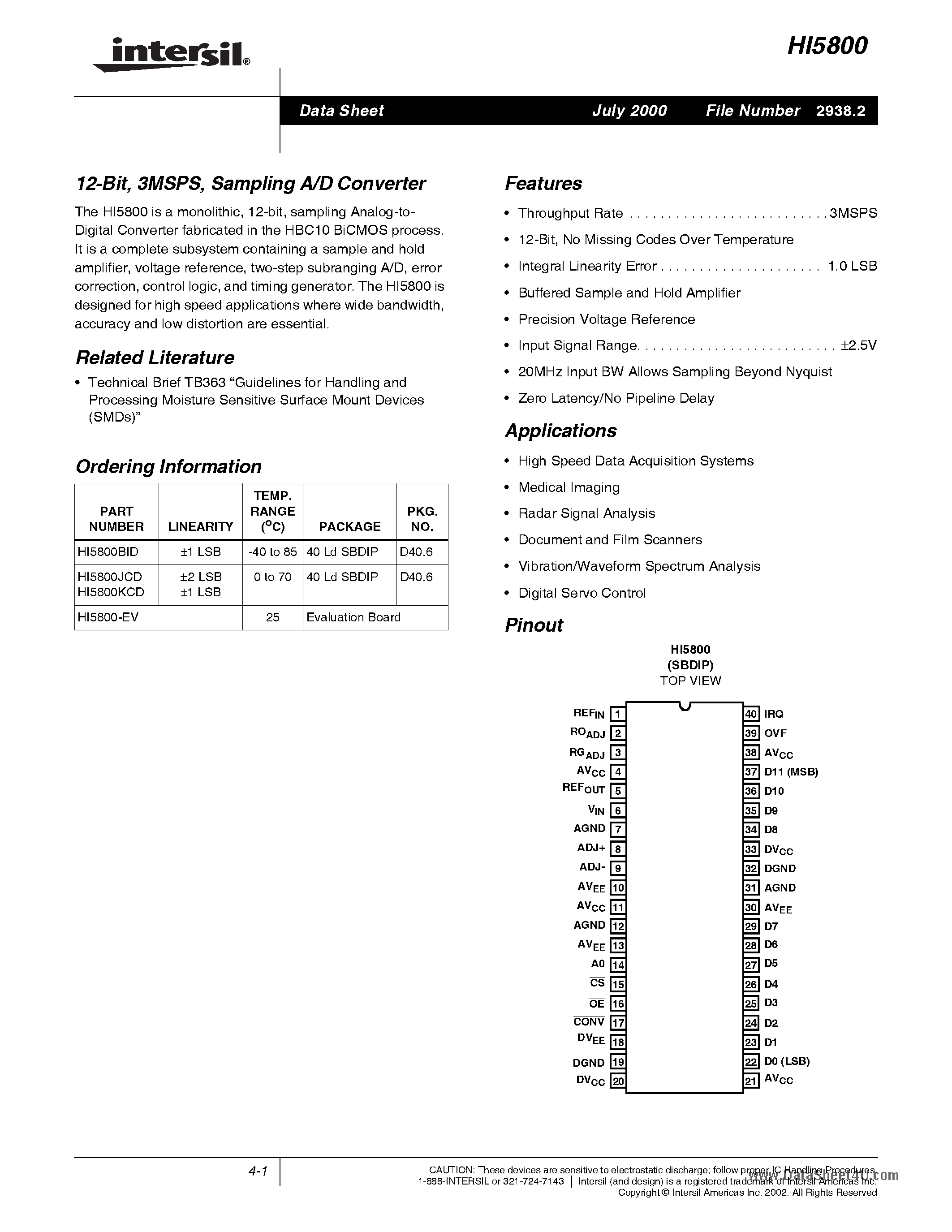 Даташит HI5800 - Sampling A/D Converter страница 1