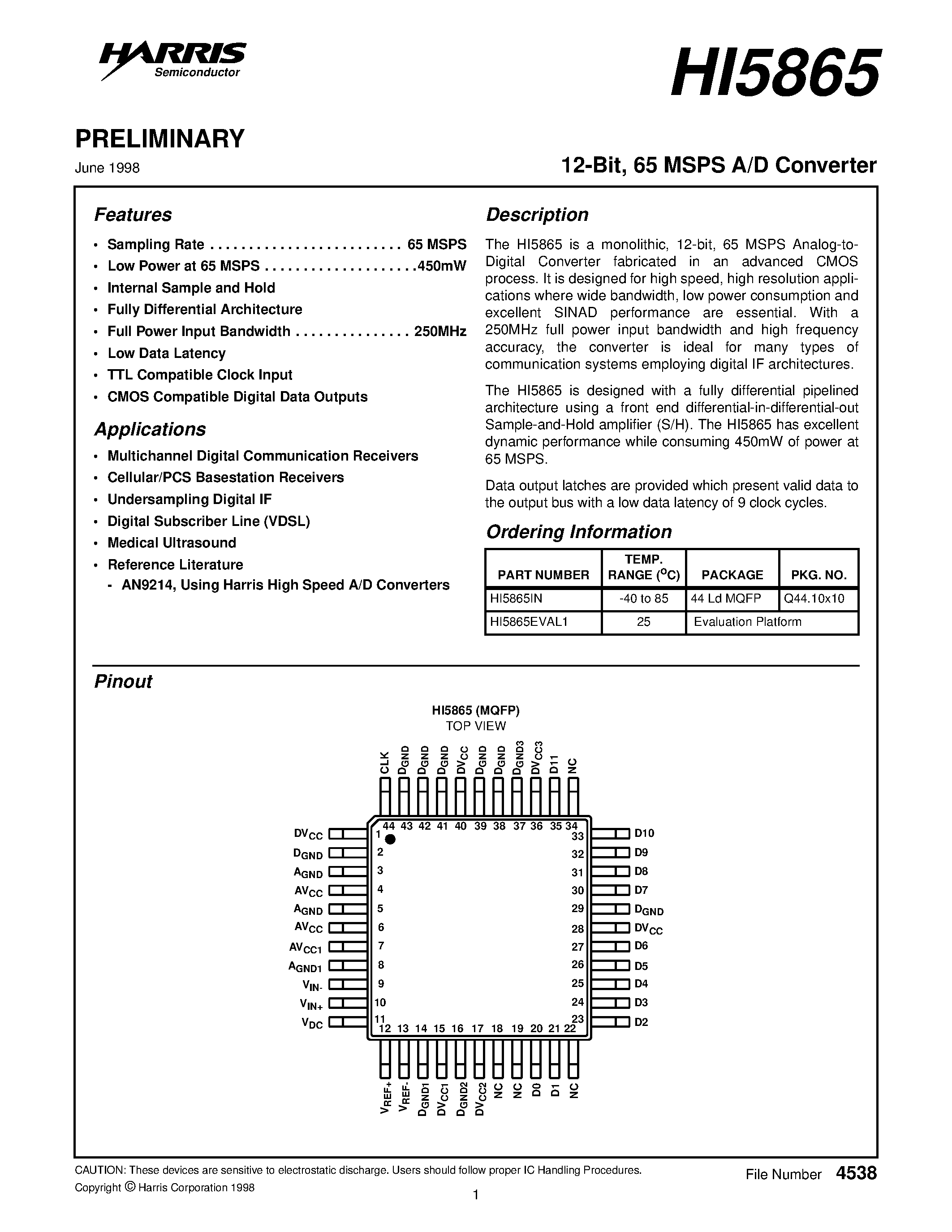Даташит HI5865 - 65 MSPS A/D Converter страница 1