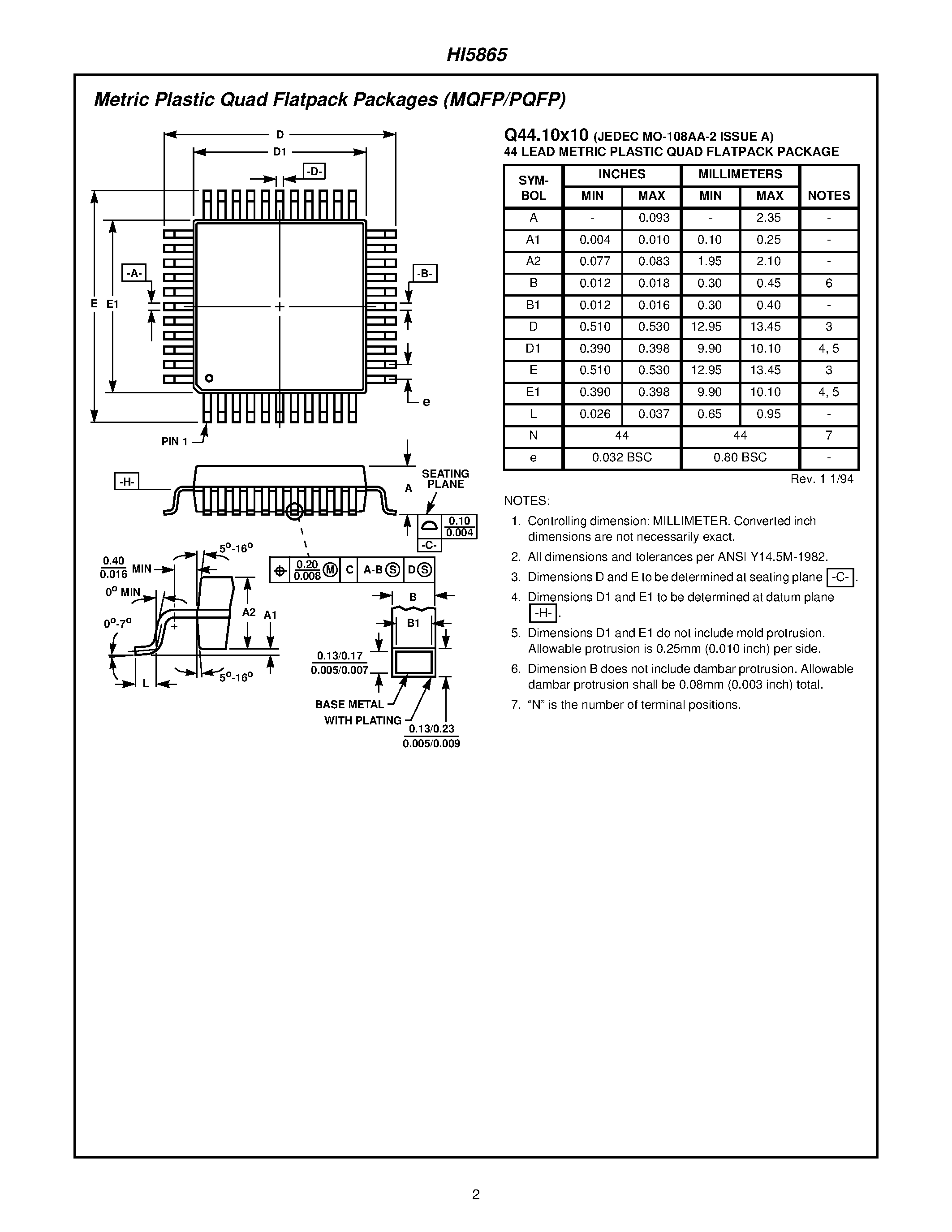 Даташит HI5865 - 65 MSPS A/D Converter страница 2