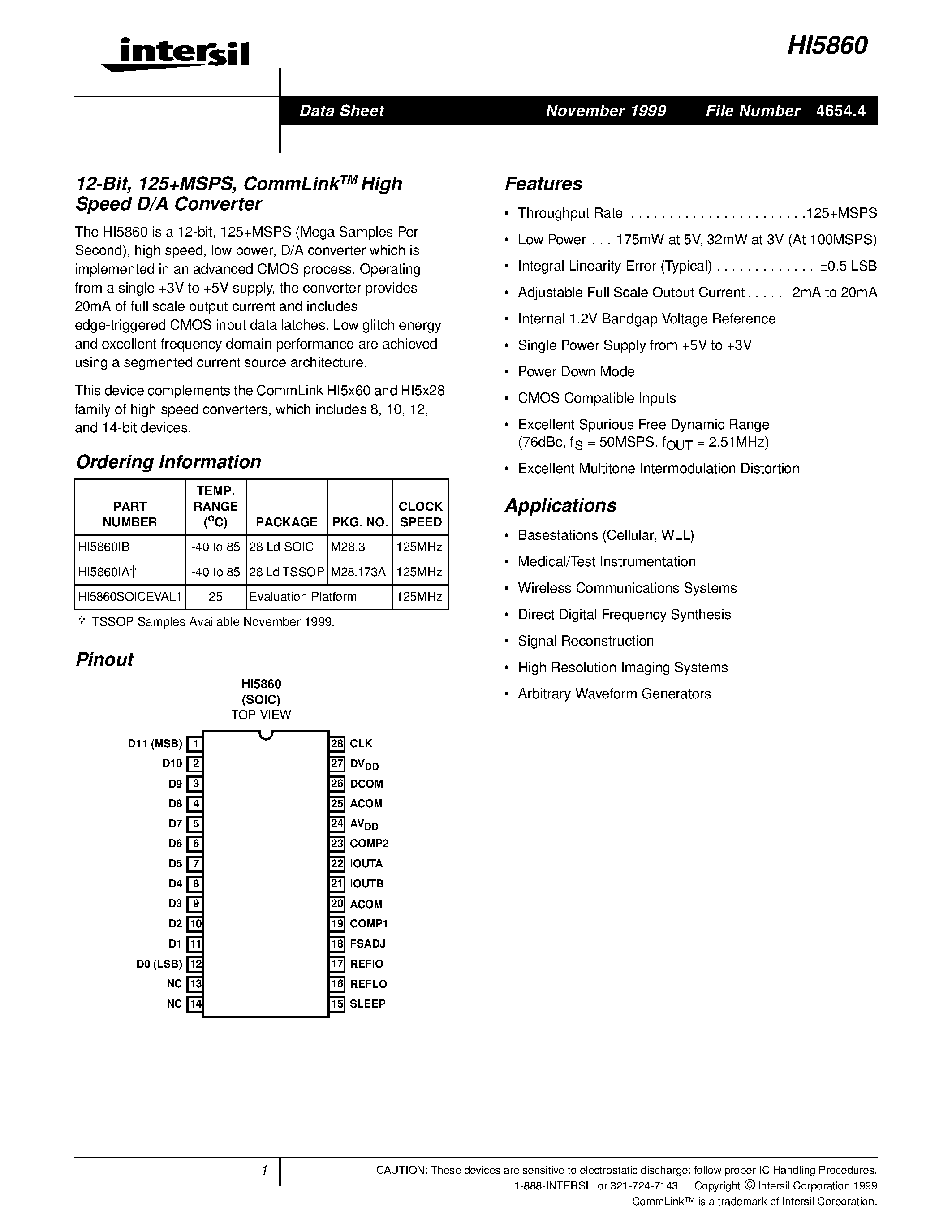Даташит HI5860 - CommLinkTM High Speed D/A Converter страница 1