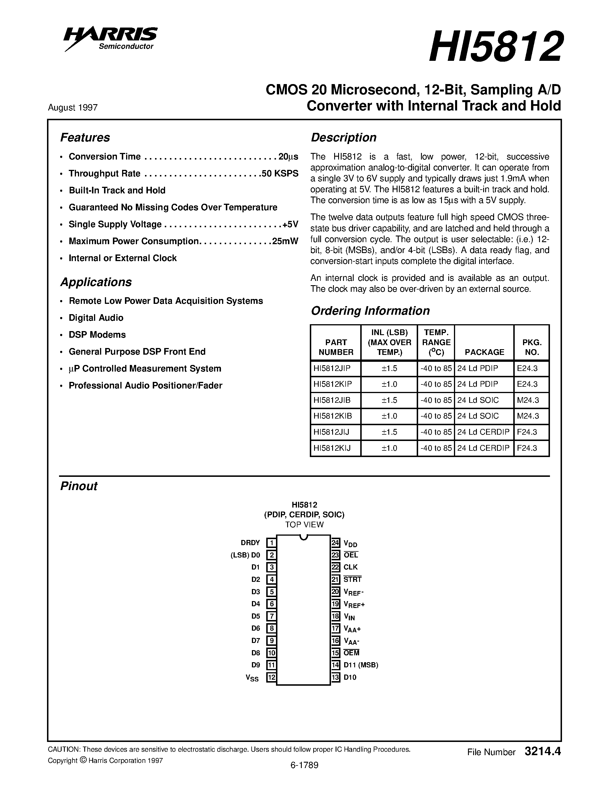 Даташит HI5812 - Sampling A/D Converter страница 1