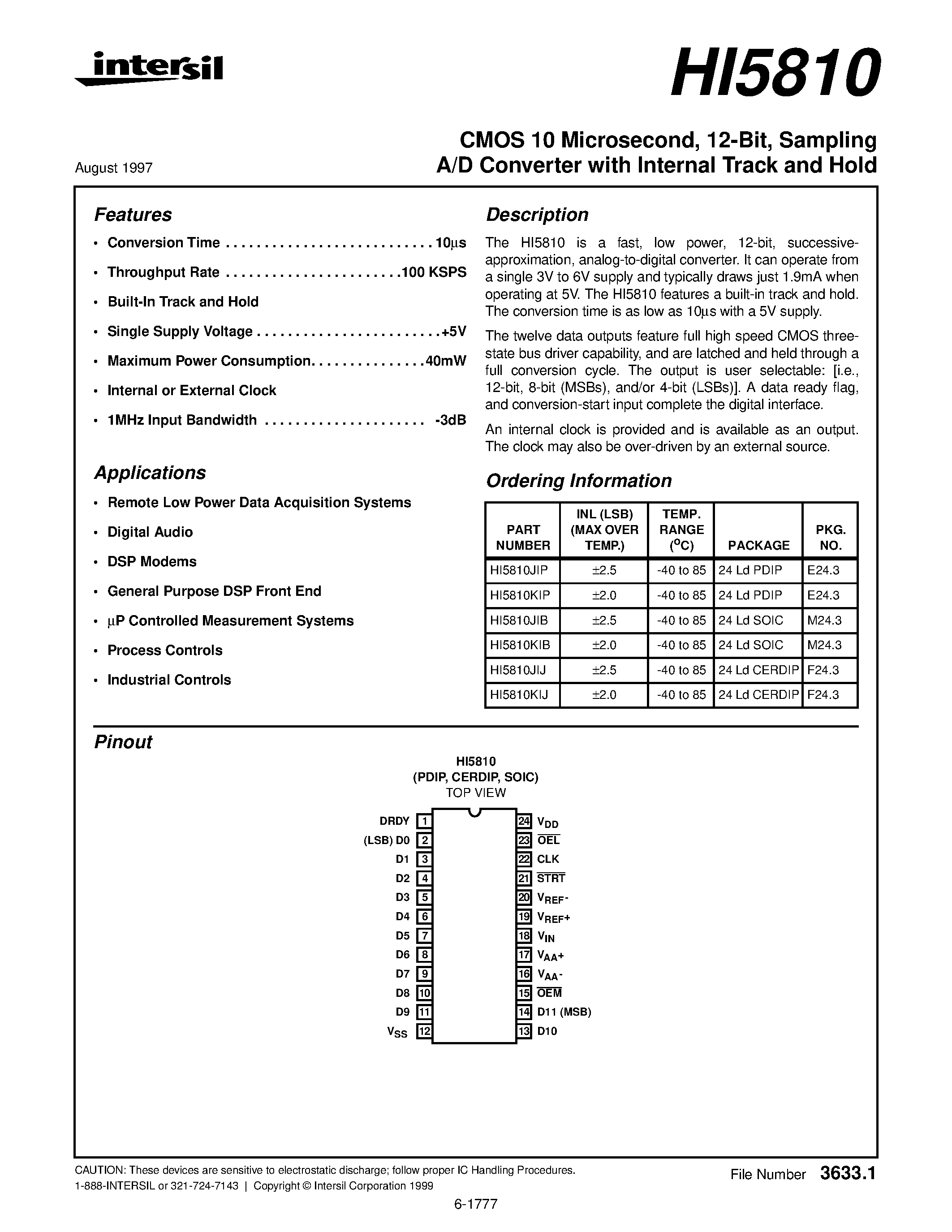 Даташит HI5810 - Sampling A/D Converter страница 1